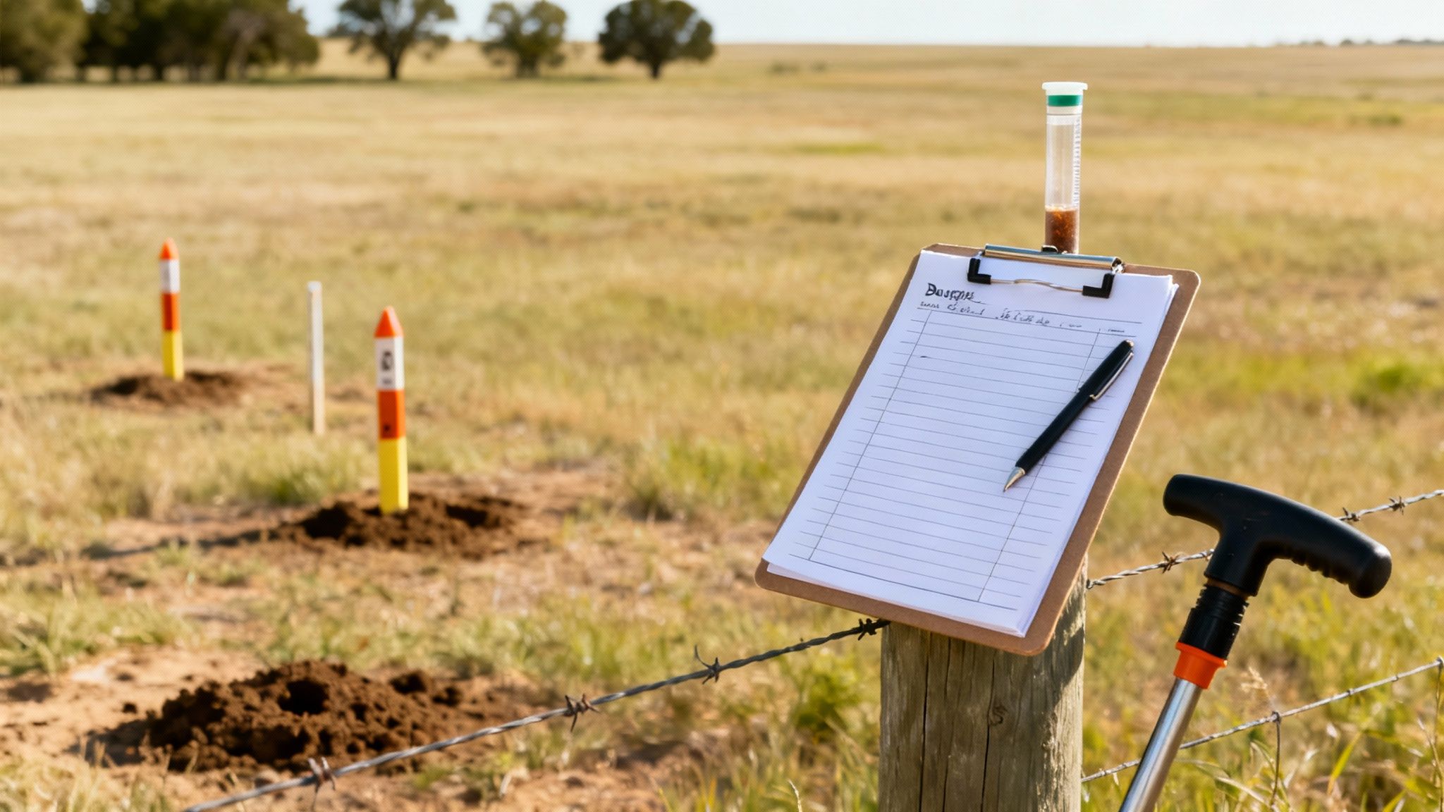 Soil sampling in an open field with markers, a clipboard, pen, and a soil testing tube.