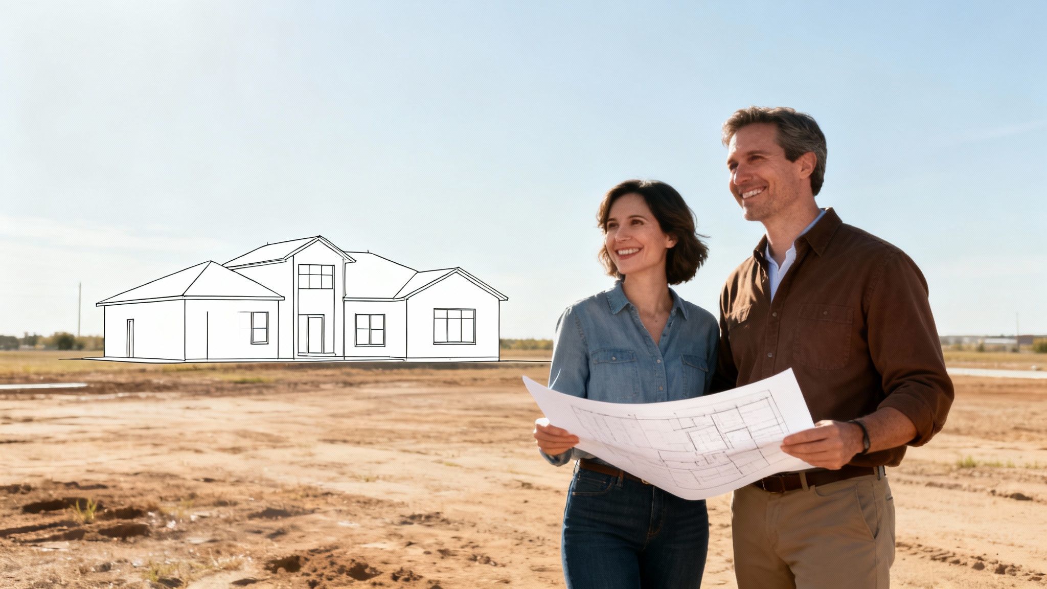 A happy couple on an empty lot holding blueprints, visualizing their new custom home.