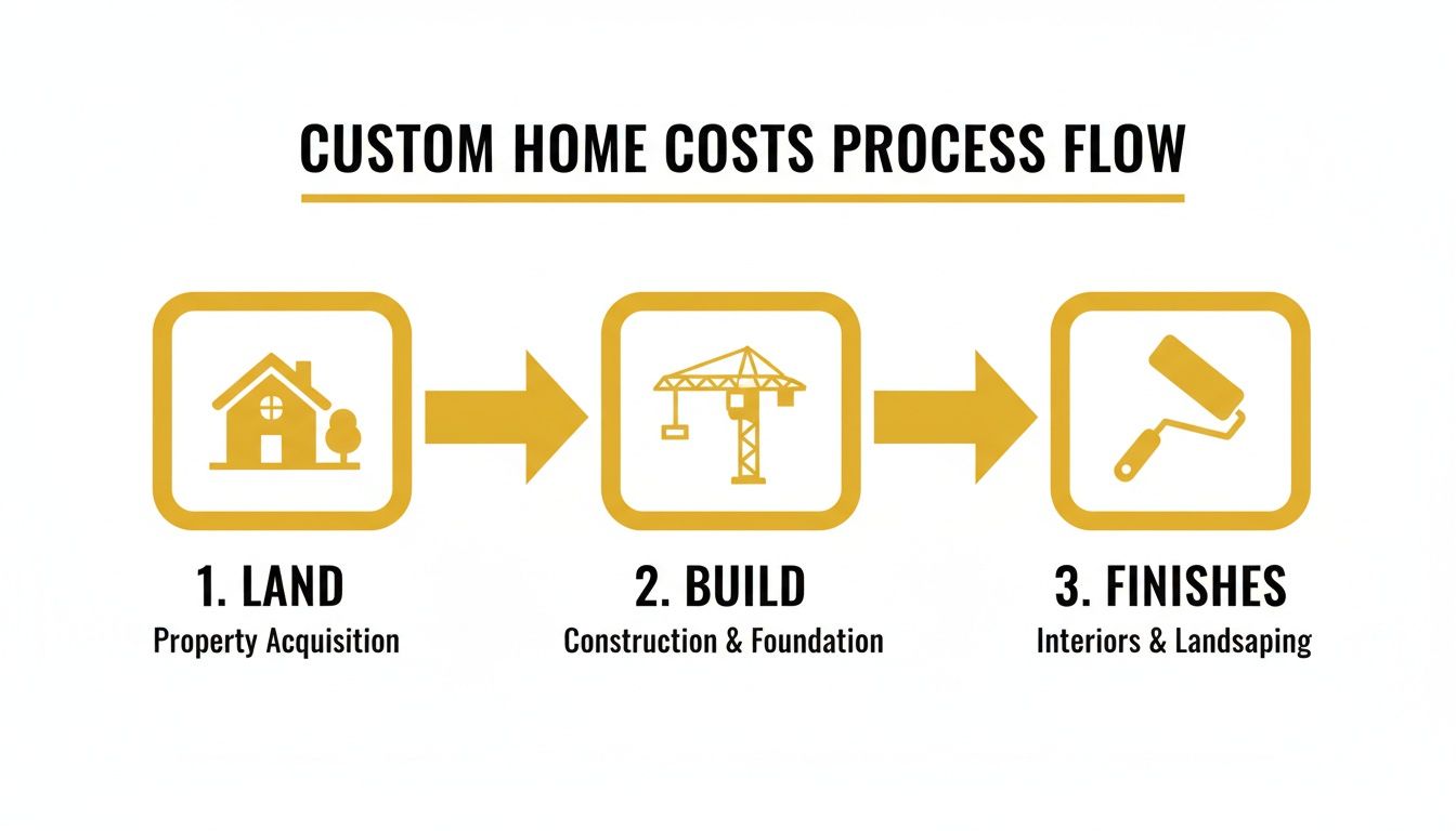 Flowchart showing custom home costs process: land acquisition, build construction, and interior finishes.