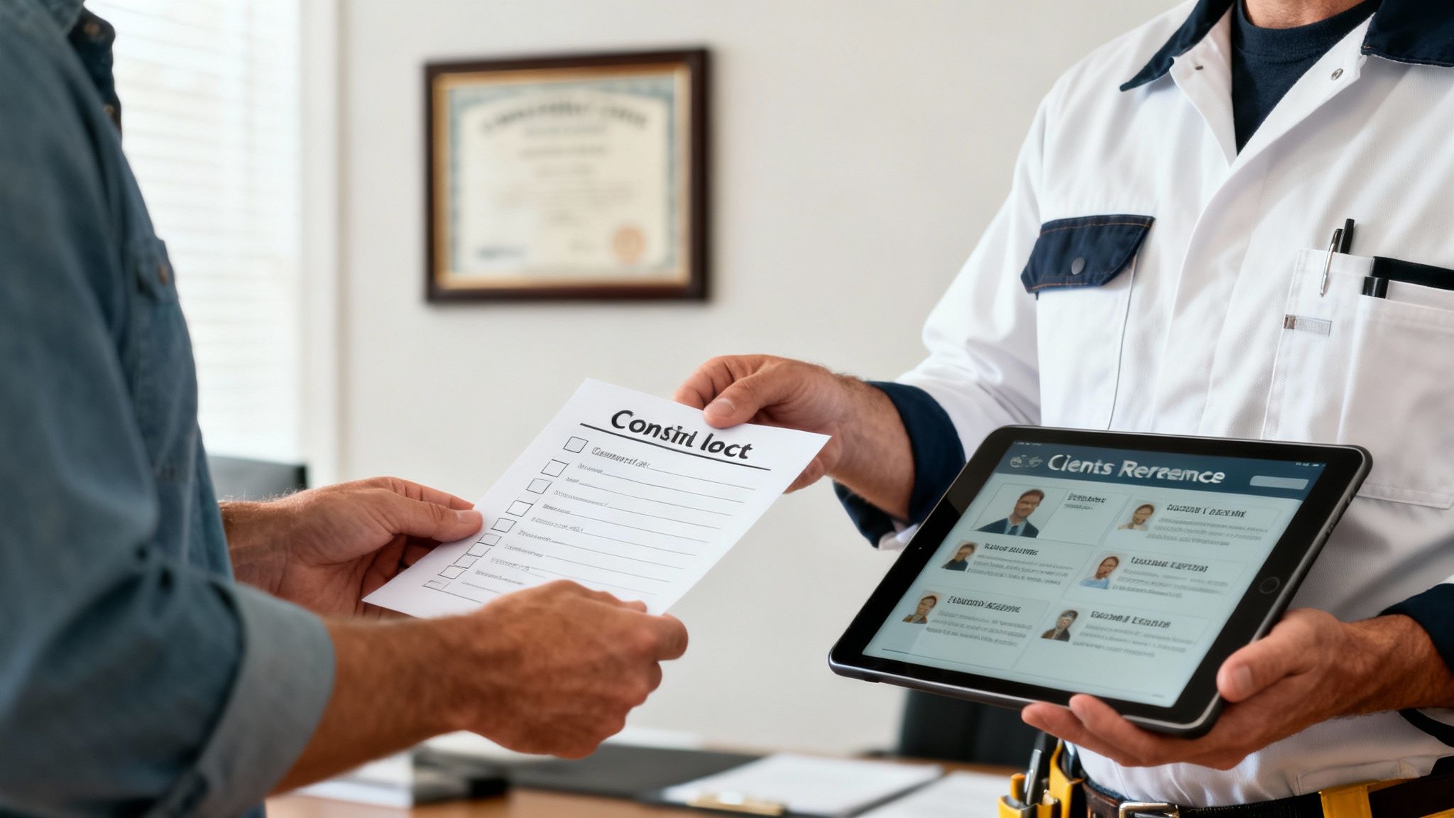 A service professional hands a checklist to a client while reviewing digital client profiles on a tablet.