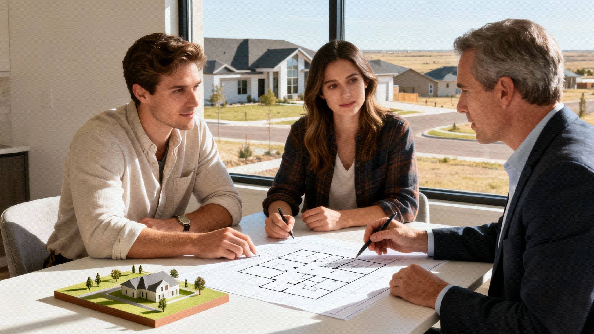 A couple meets with a home builder, reviewing blueprints and a house model for their new custom home.