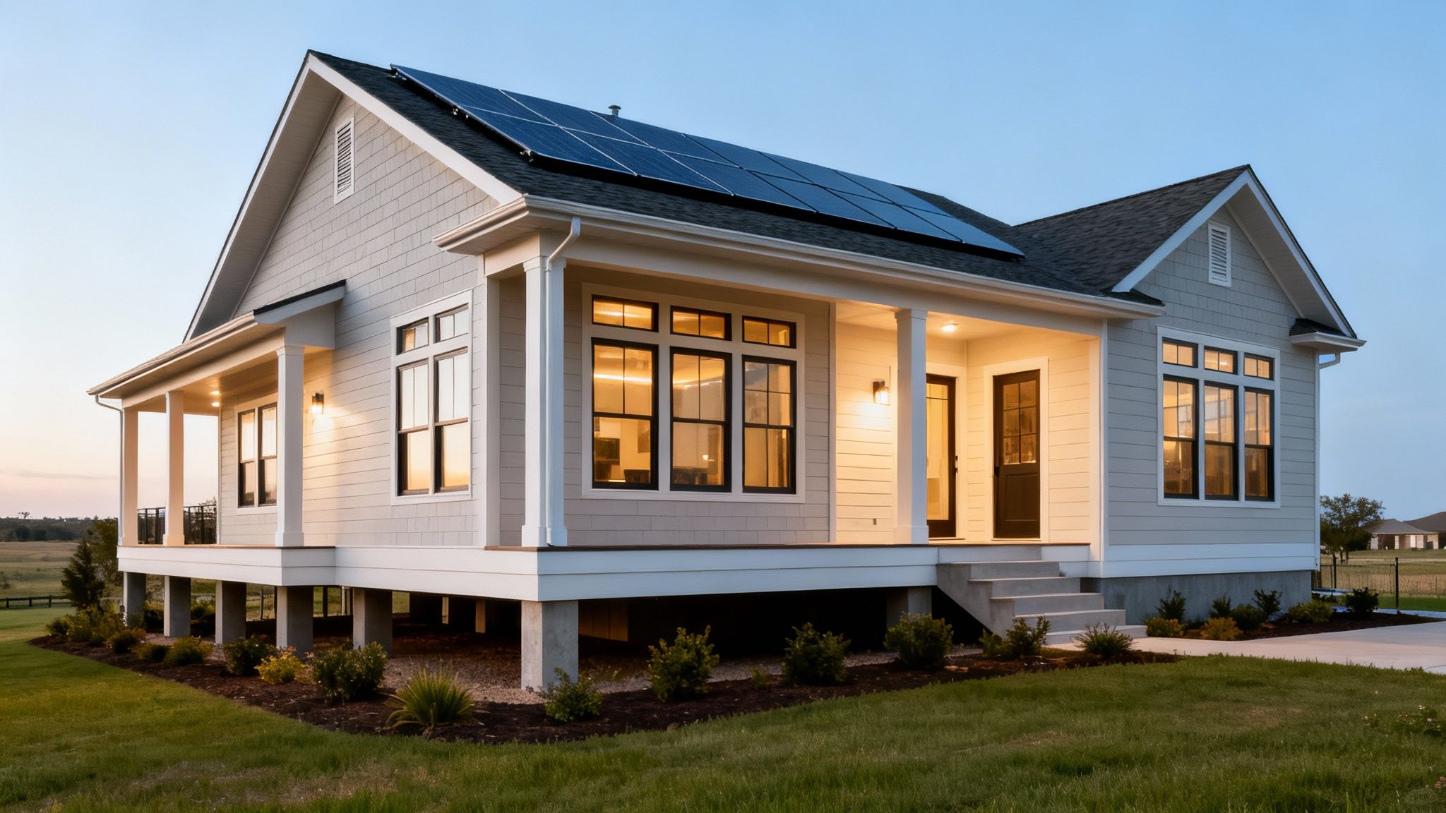 A modern custom home featuring solar panels, a large porch, and warm lights at twilight.