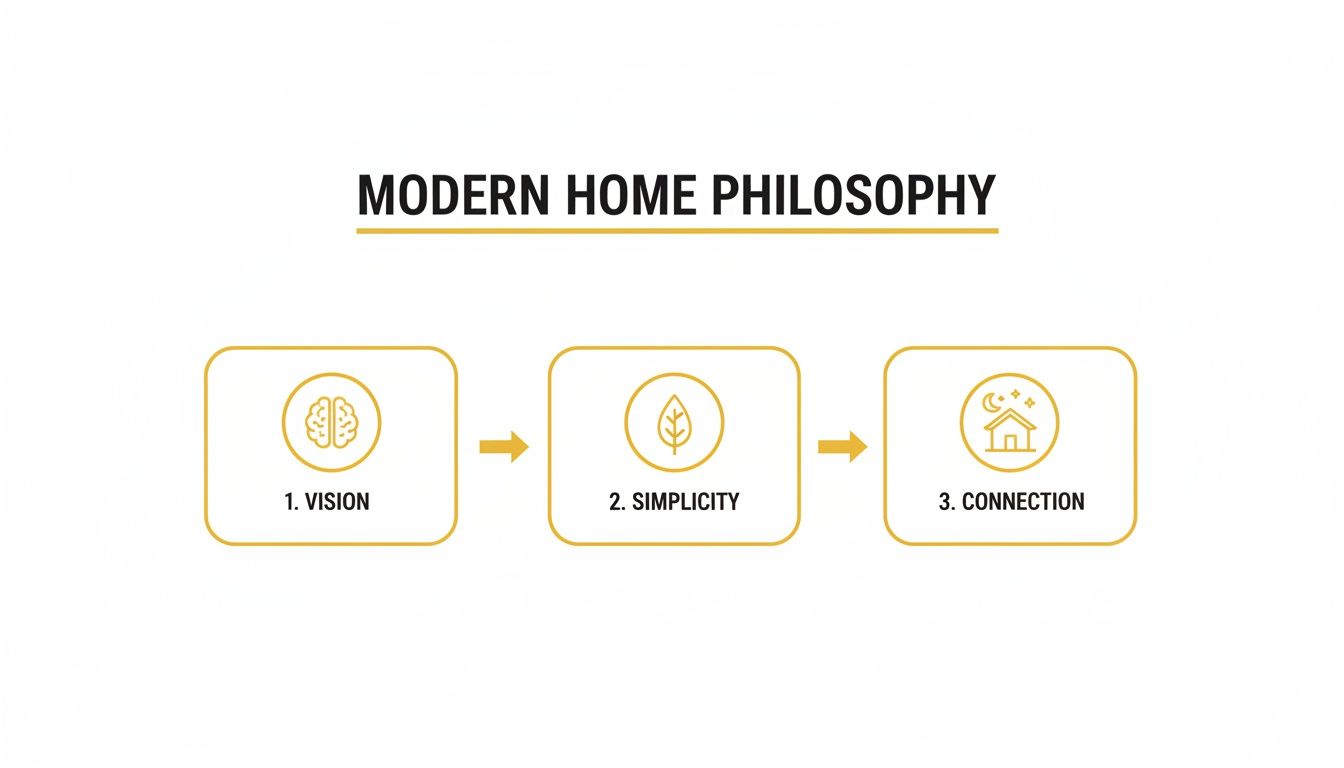 A diagram illustrating the Modern Home Philosophy with three steps: Vision, Simplicity, and Connection, each with an icon.
