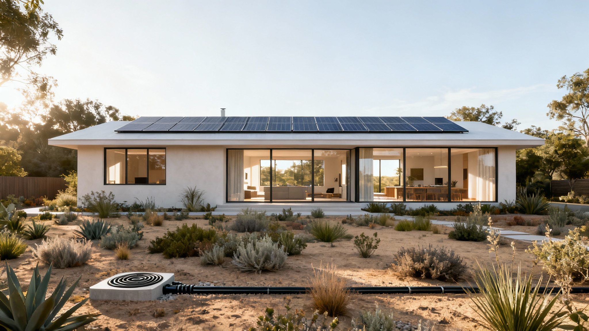 Modern house with solar panels, expansive windows, and drought-resistant landscaping under a bright sky.
