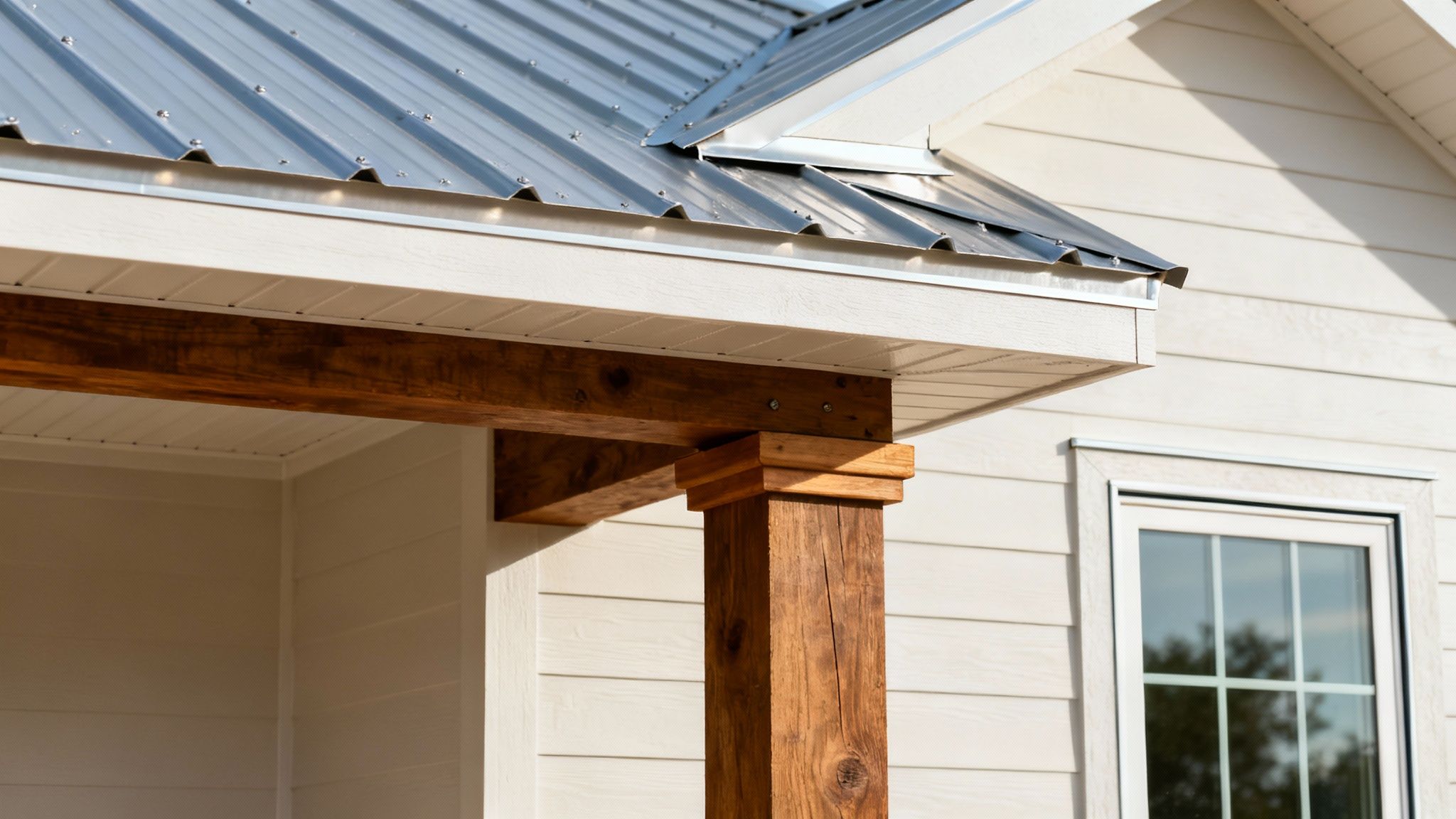 Close-up of a modern craftsman home featuring a metal roof, white siding, and rustic wooden porch details.
