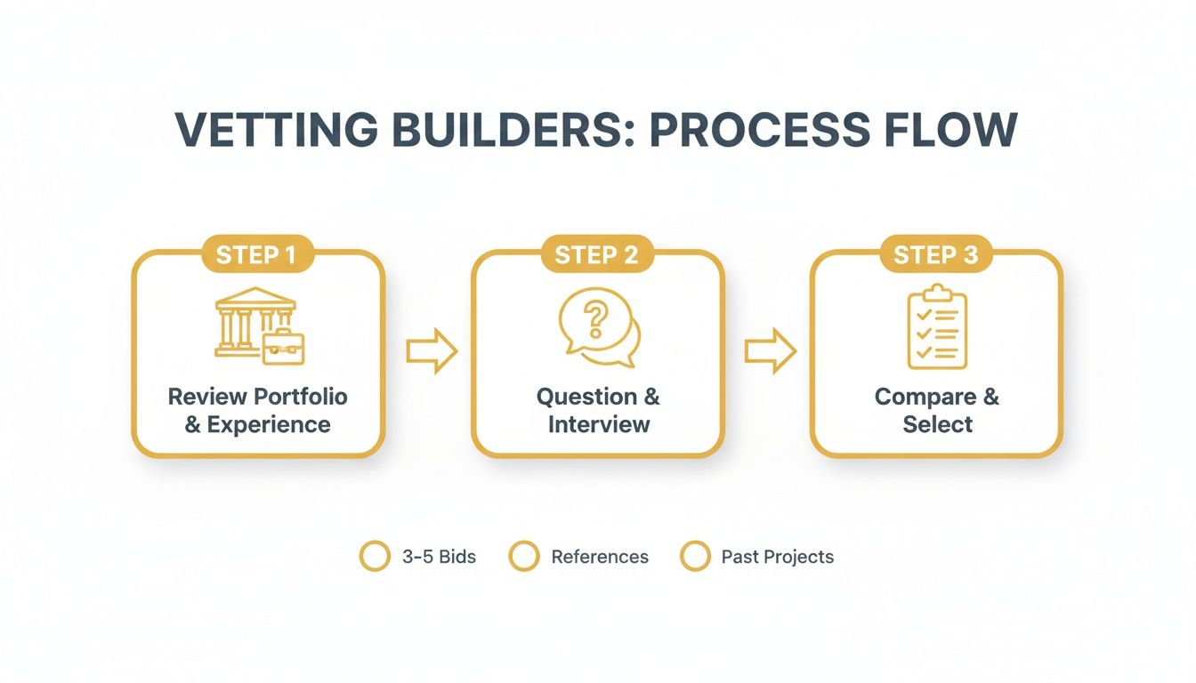 A three-step process flow for vetting builders, including portfolio review, interviews, and selection.