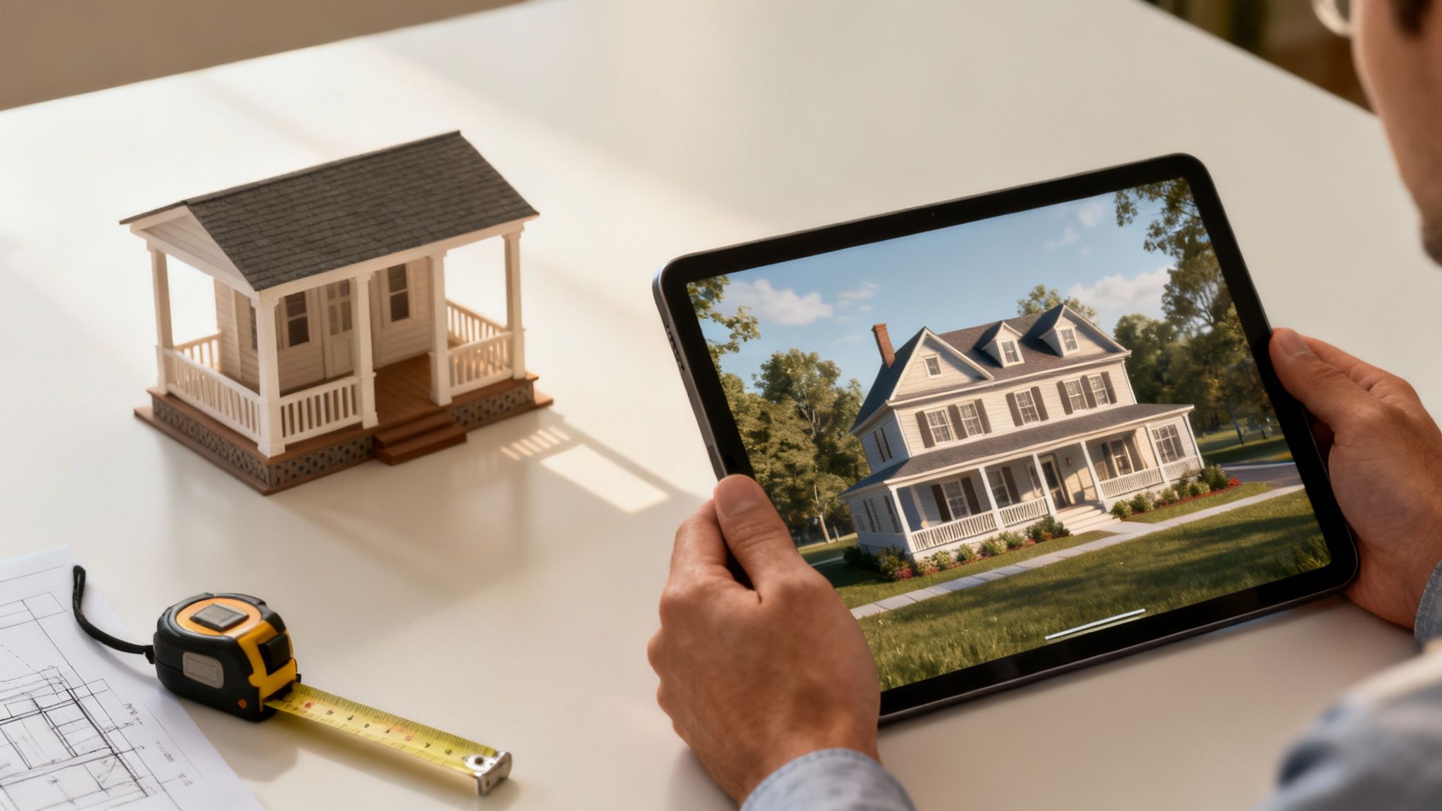 Person viewing a traditional house rendering on a tablet with a model home and measuring tape.