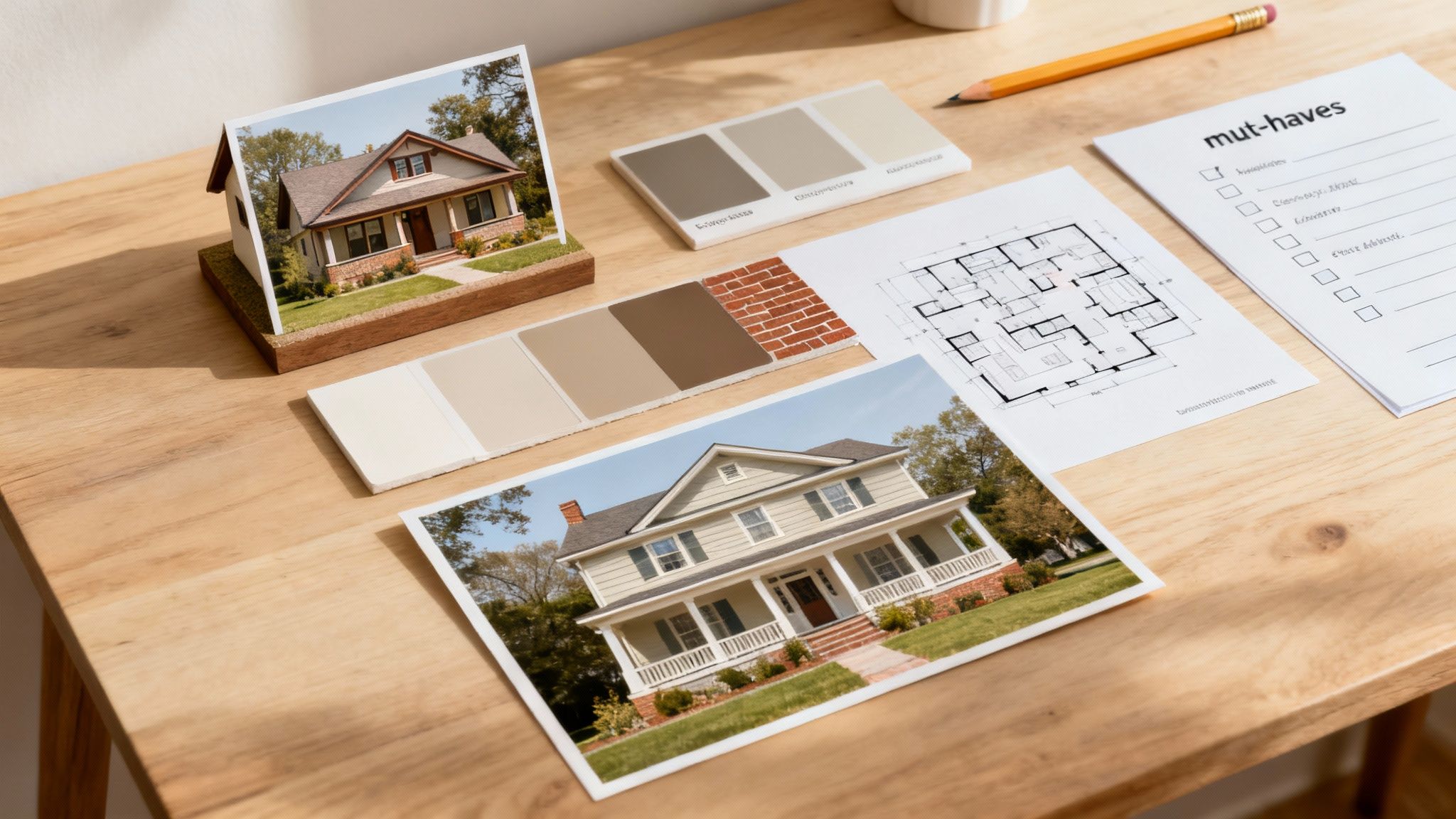 A wooden desk featuring home planning elements: house photos, paint swatches, blueprints, and a checklist.