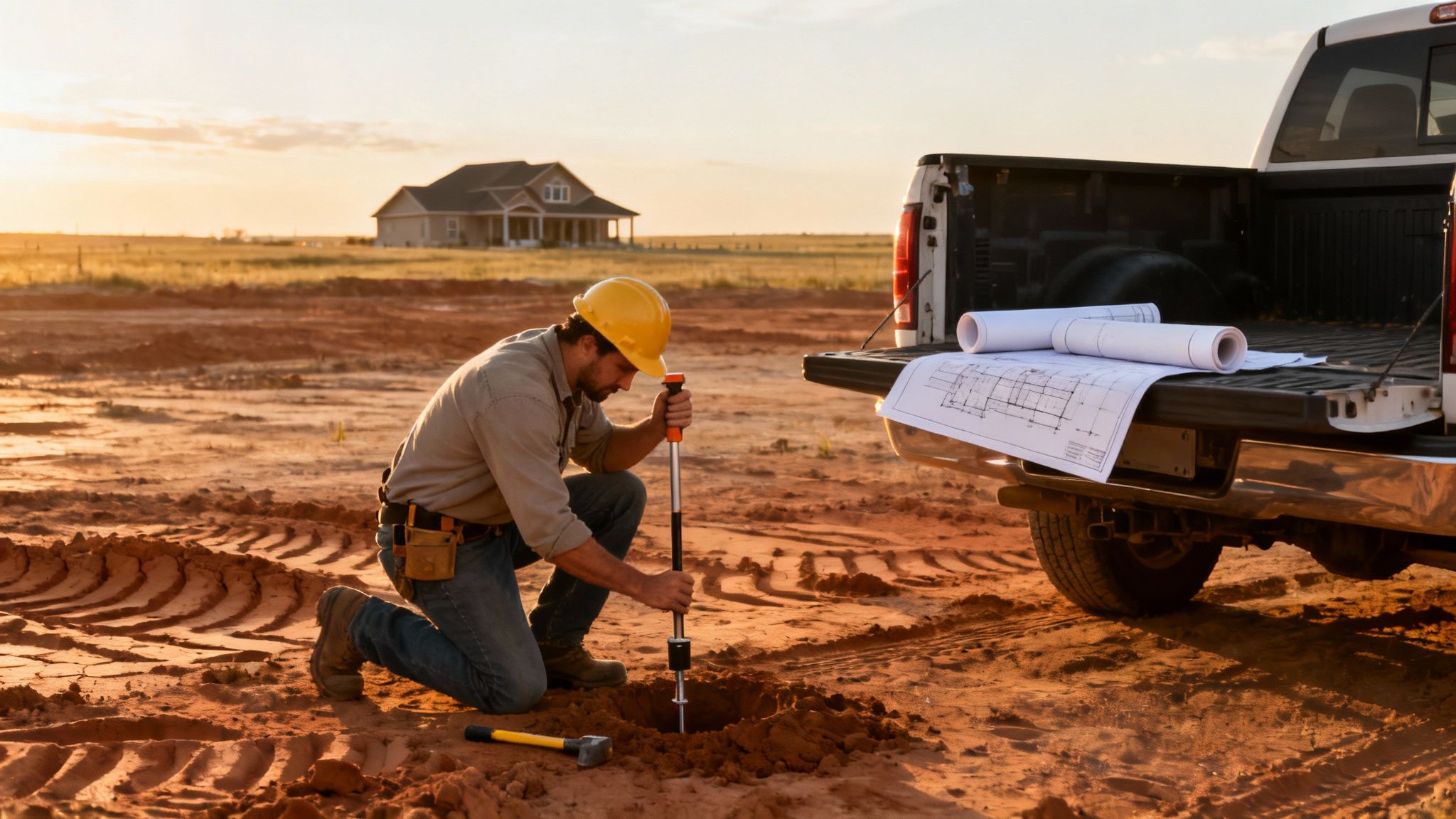 A man in a hard hat performs soil testing at a construction site with blueprints on a truck.