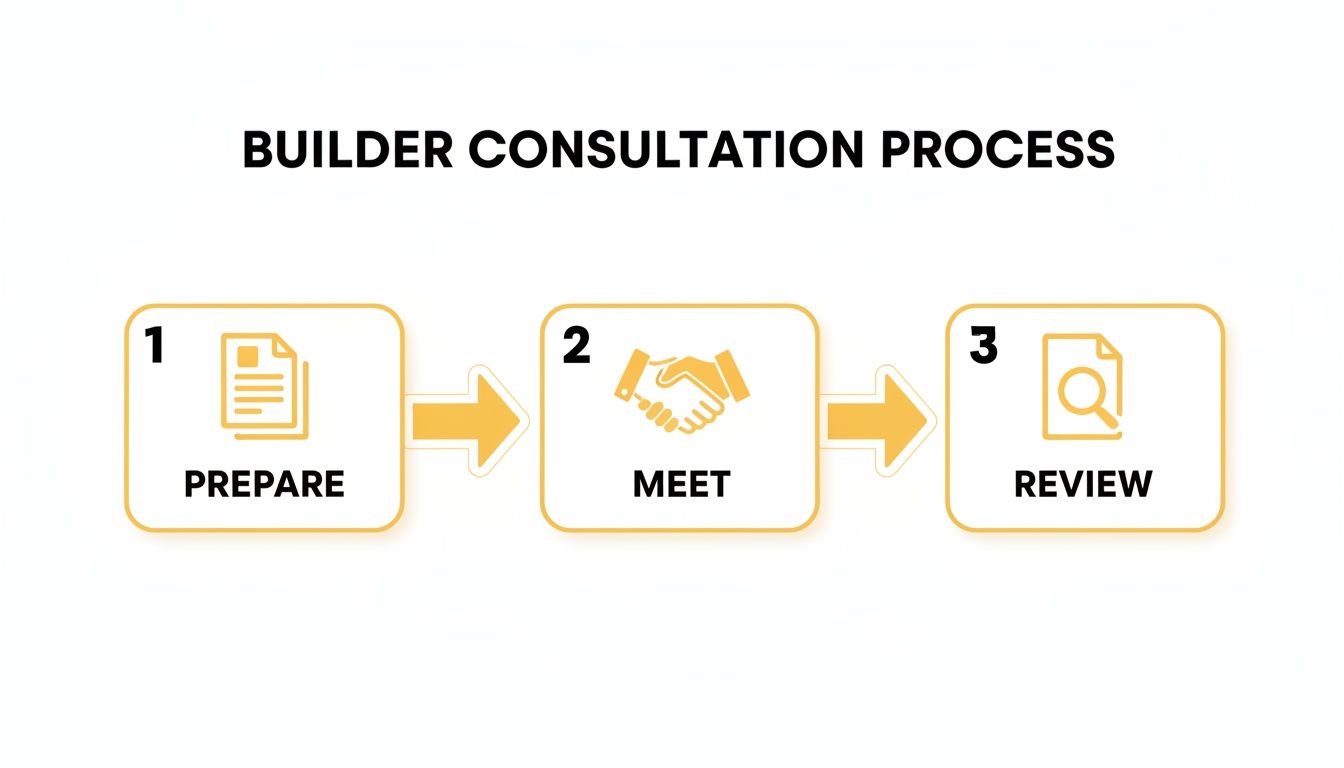 A three-step builder consultation process flowchart: Prepare with a document, Meet with a handshake, and Review with a magnifying glass.