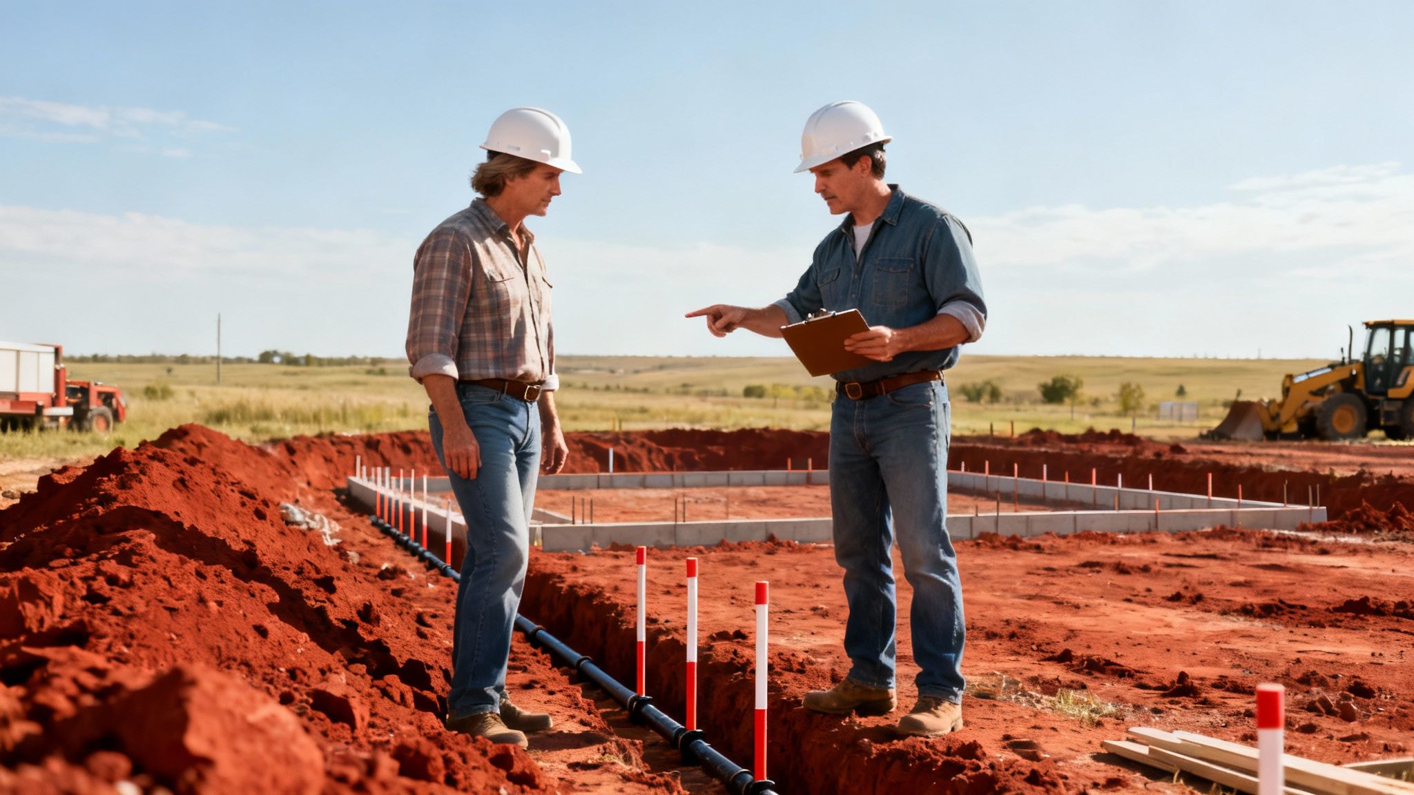 Two construction workers in hard hats discussing plans at a new home building site with a foundation.