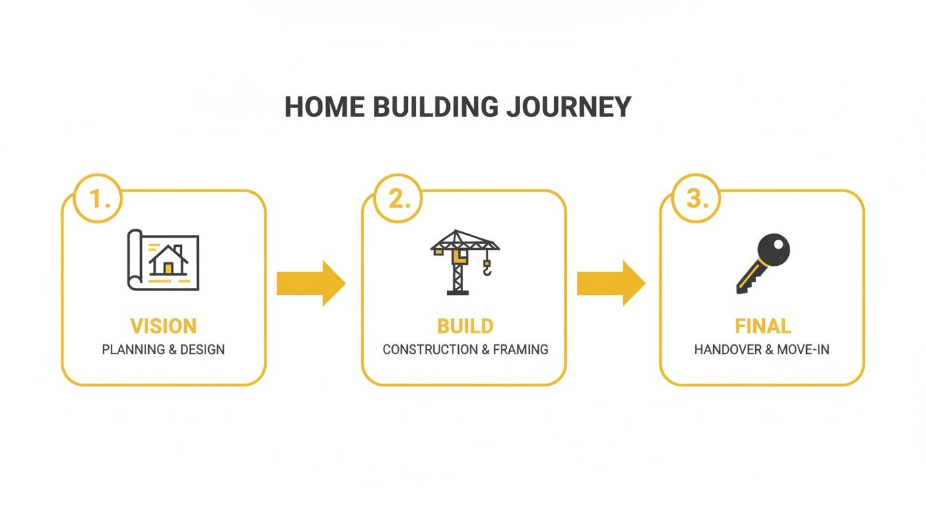 Home building journey infographic showing three stages: Vision (planning & design), Build (construction & framing), and Final (handover & move-in).