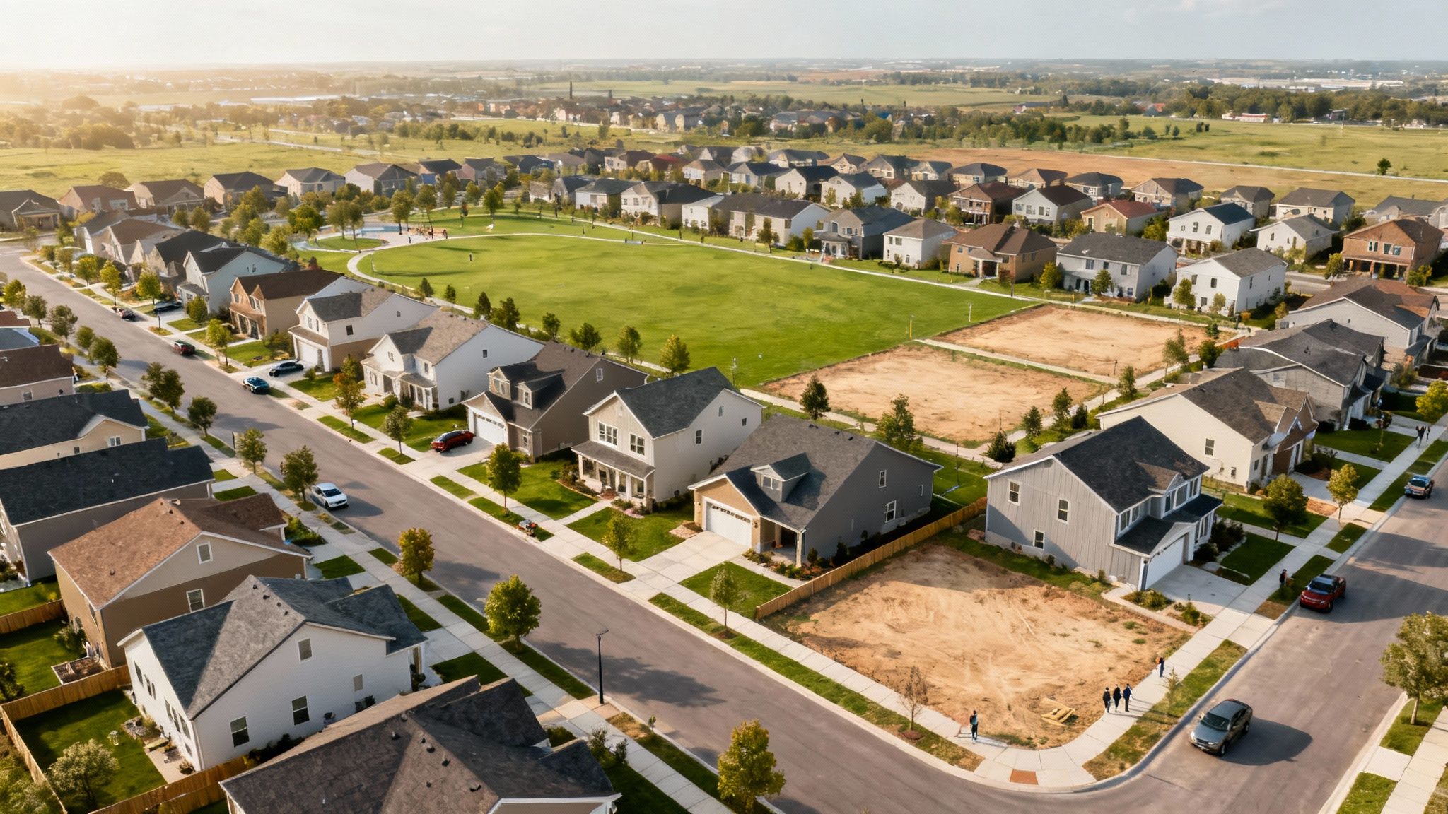 Aerial view of a modern suburban neighborhood with newly built homes, green parks, and undeveloped plots under construction.