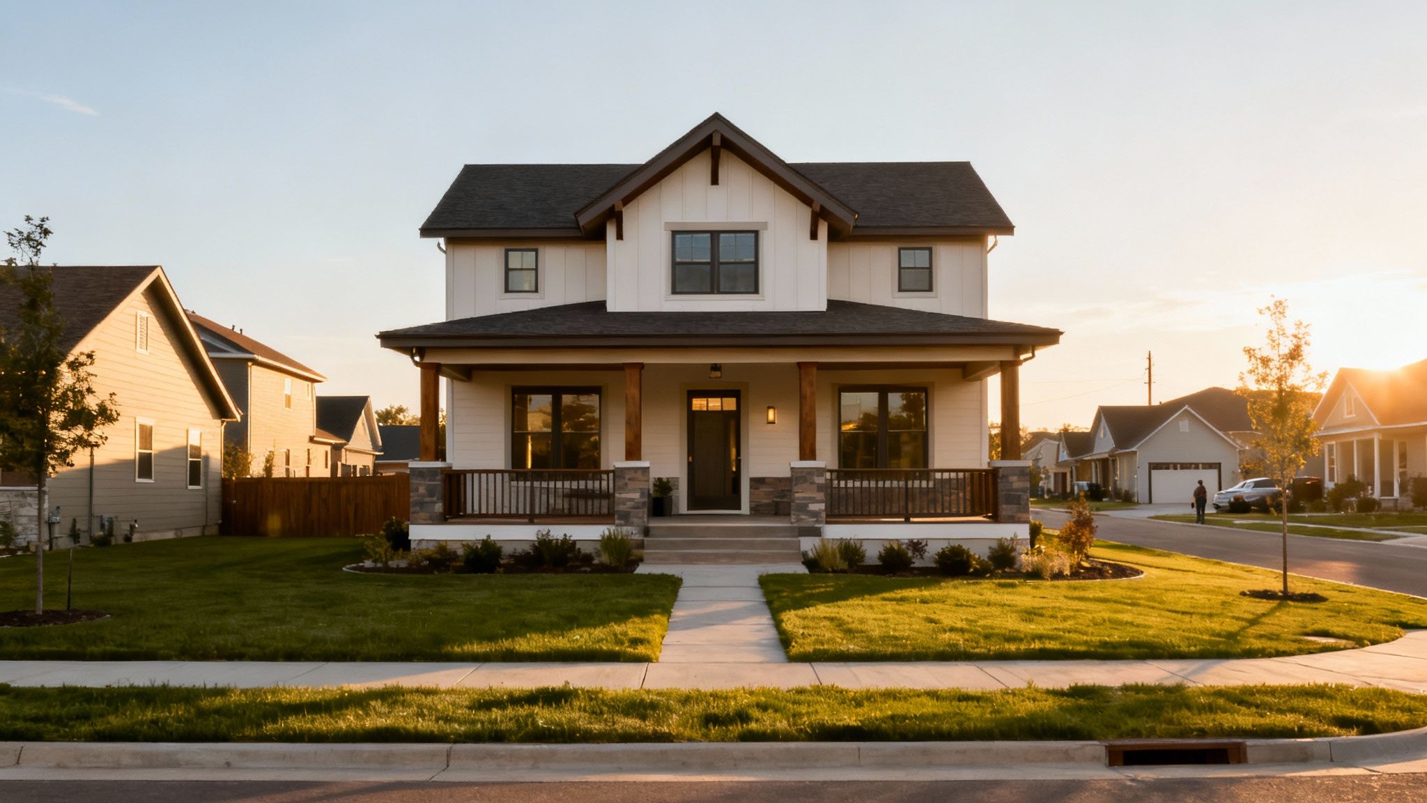 A modern white two-story house with a large front porch and green lawn at sunset.