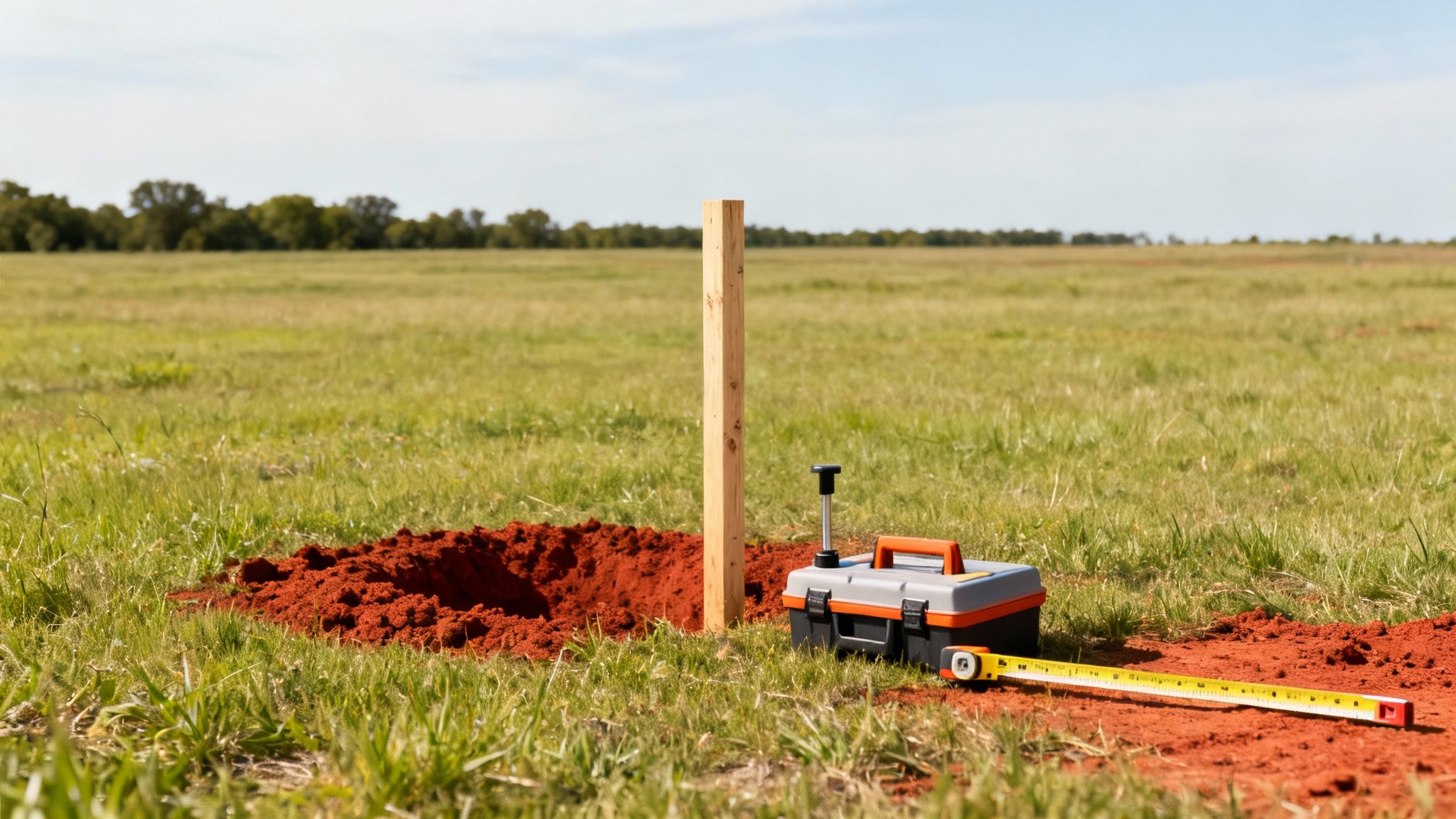 A wooden post inserted into a red soil hole, with a toolbox and measuring tape in a grassy field.