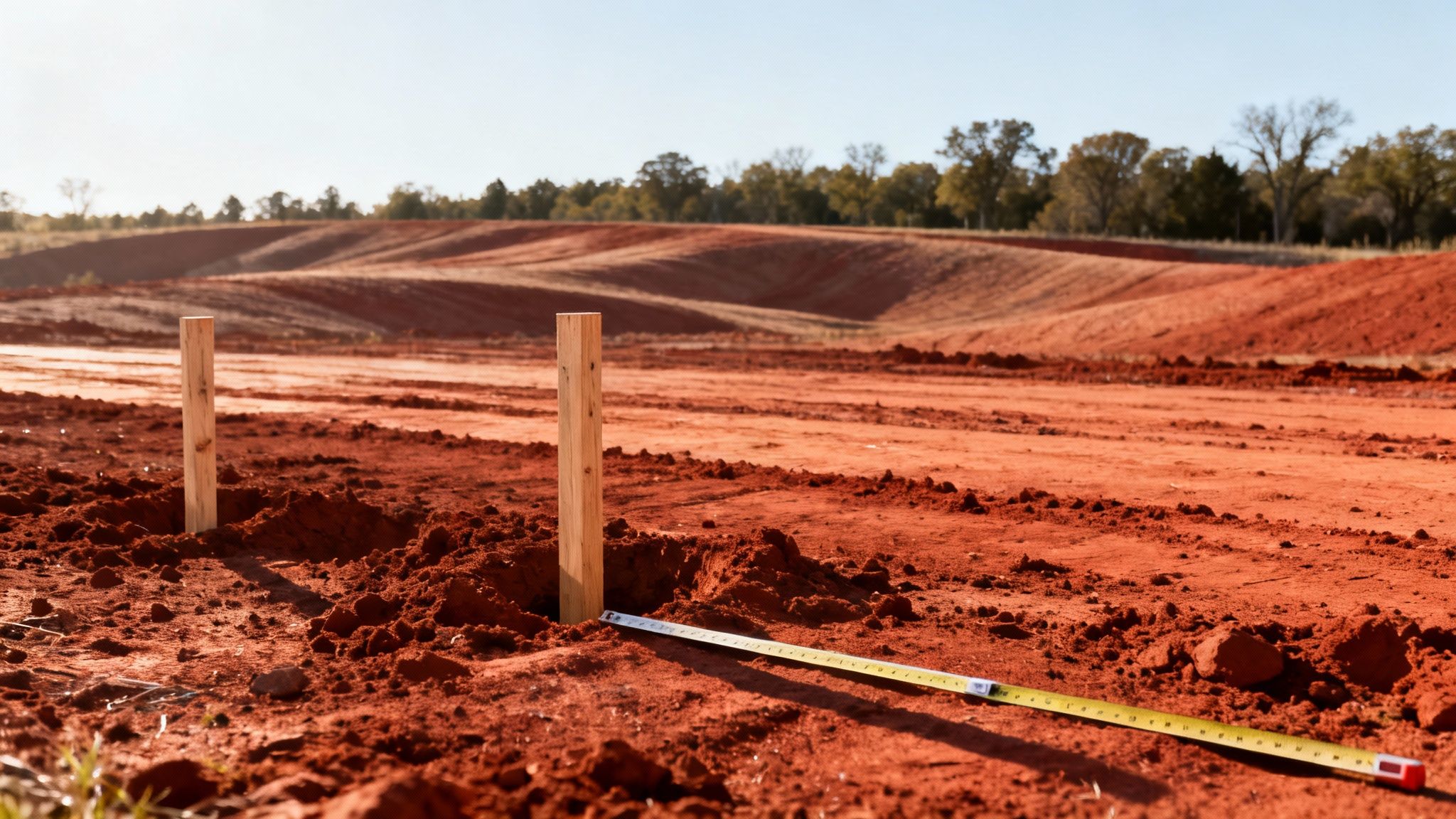 A custom home construction site in Oklahoma with red earth, wooden stakes, and a measuring tape.