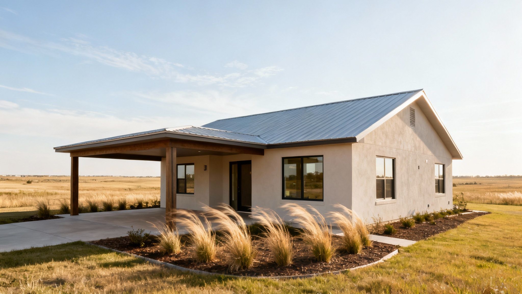 Modern light-colored house with a metal roof and wooden porch in a golden prairie field.