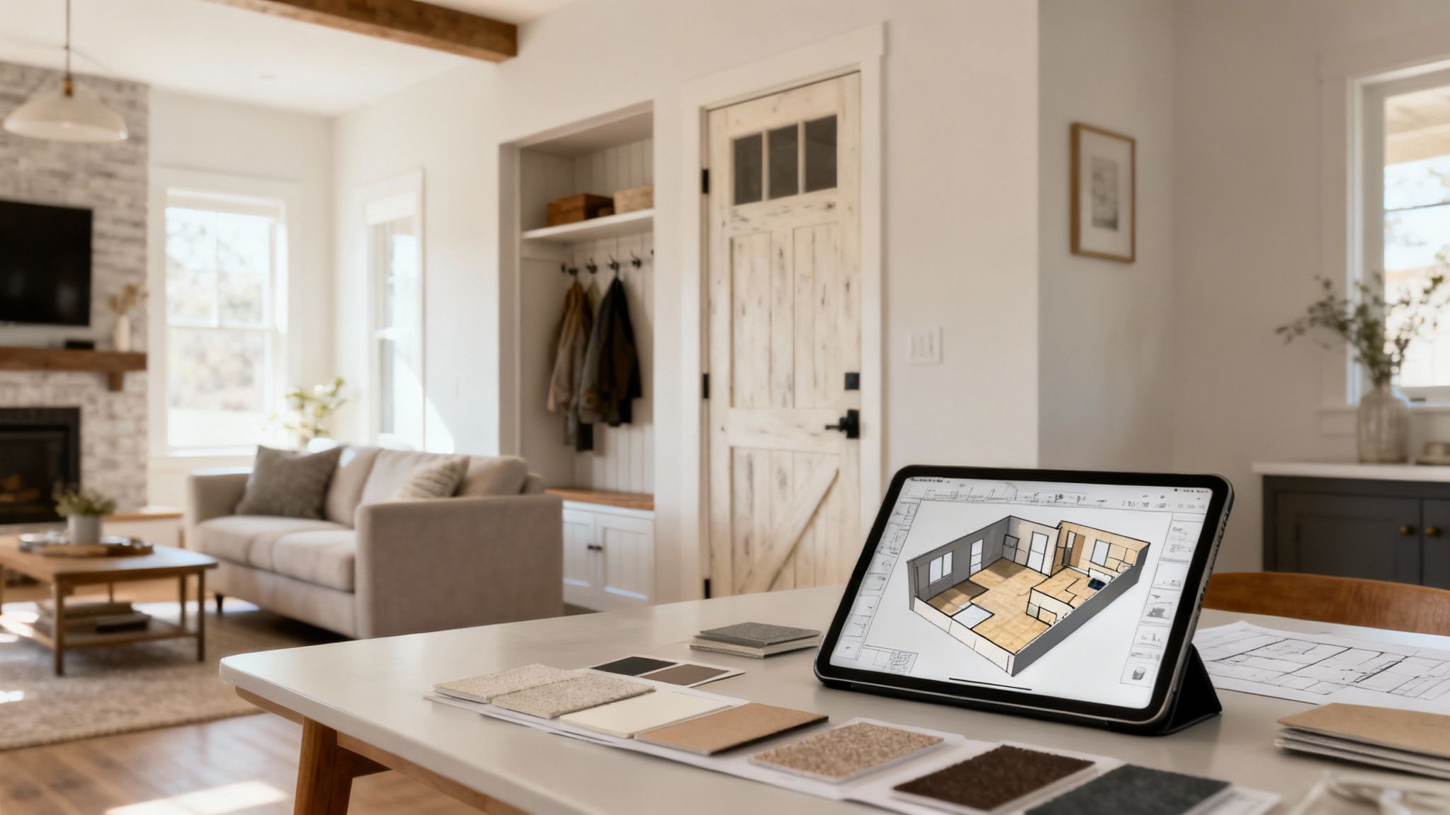 A tablet displays a 3D home floor plan, surrounded by material samples, in a modern living room.