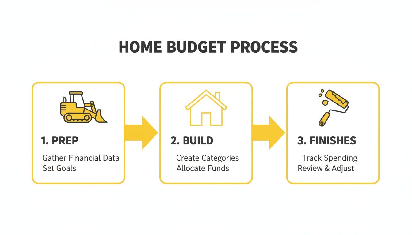 An infographic illustrating a three-step home budget process: Prep, Build, and Finishes, with tasks.