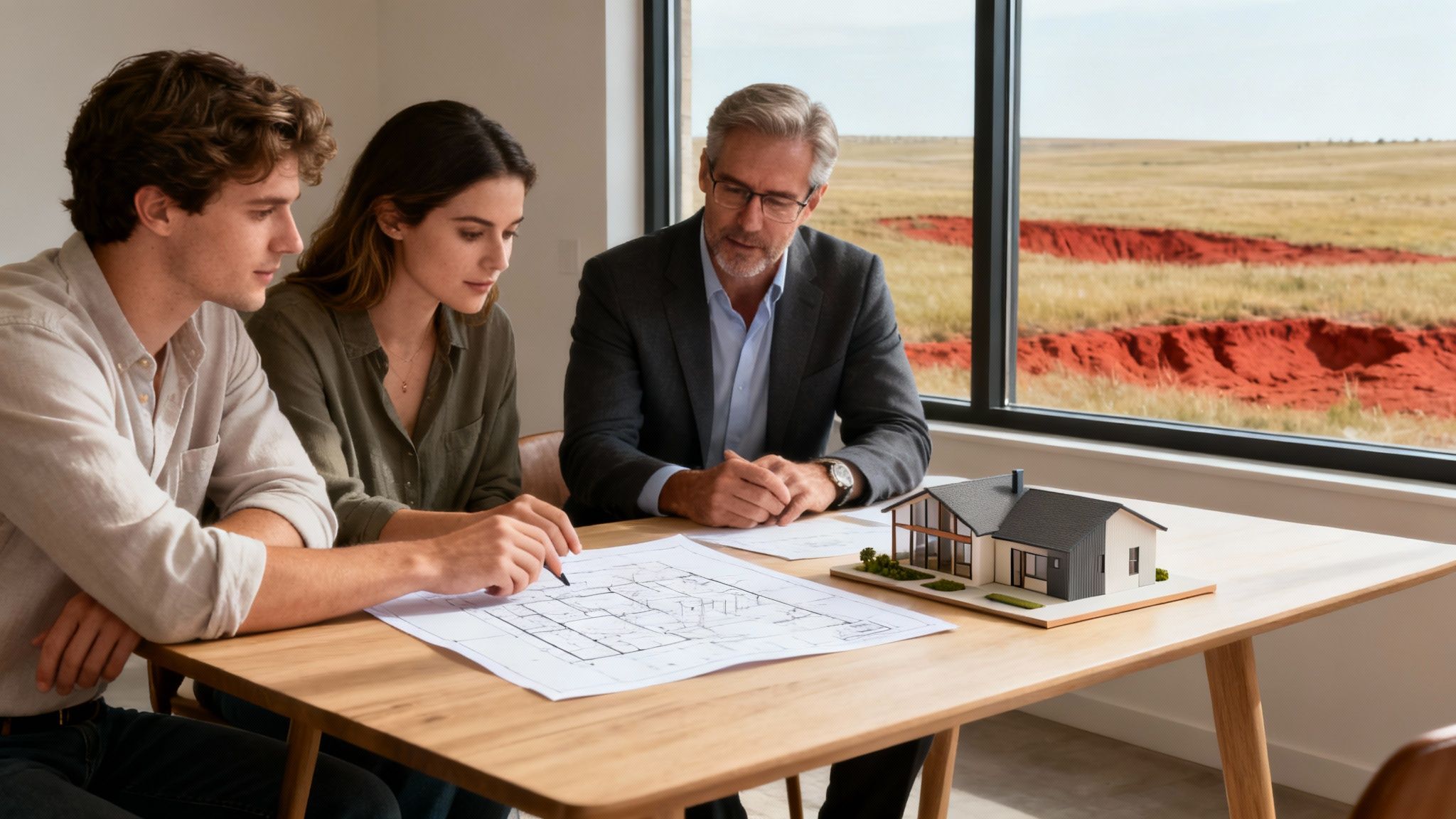 Couple and architect discuss custom home plans with a house model on the table, overlooking a landscape.