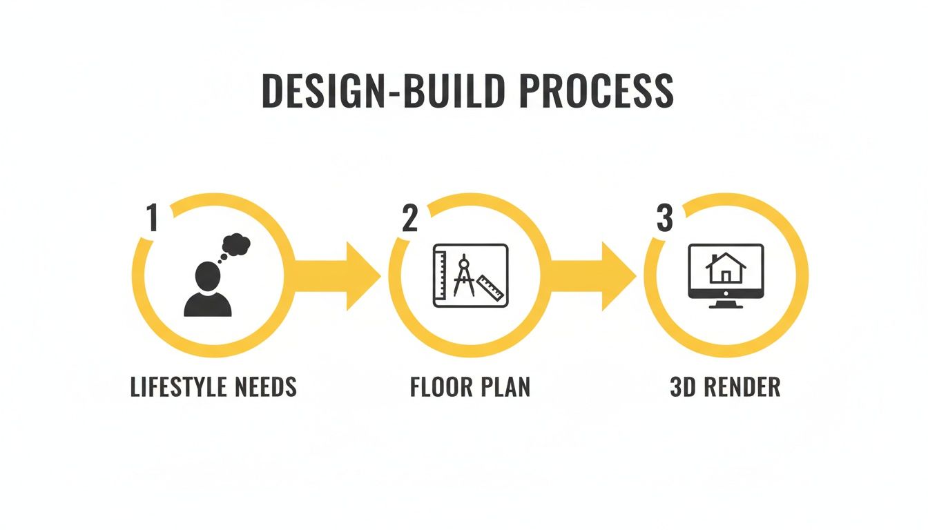 An infographic illustrating the three-step design-build process: lifestyle needs, floor plan, and 3D render.