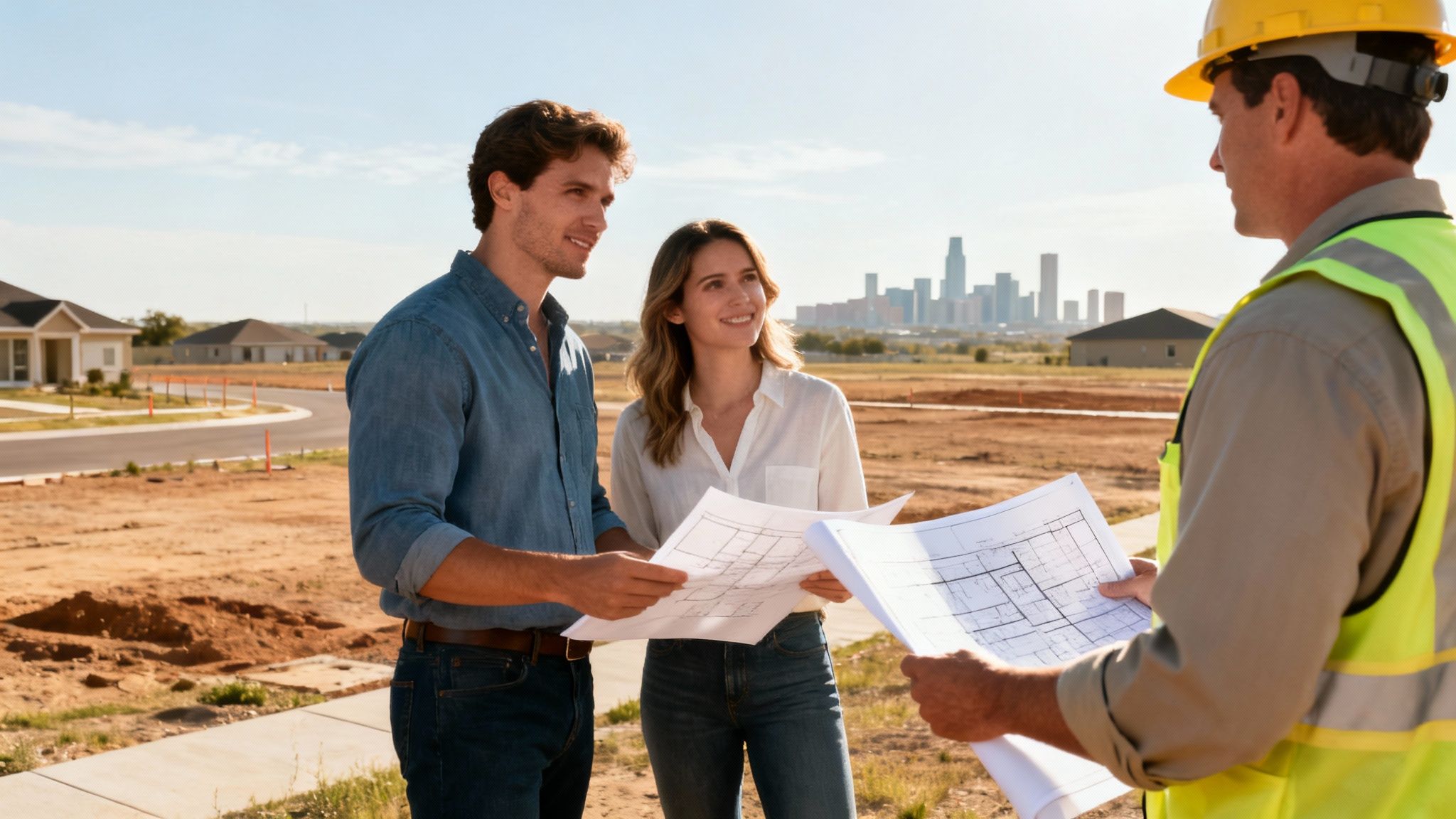 A young couple discusses blueprints with a construction worker at a new home site with a city skyline.