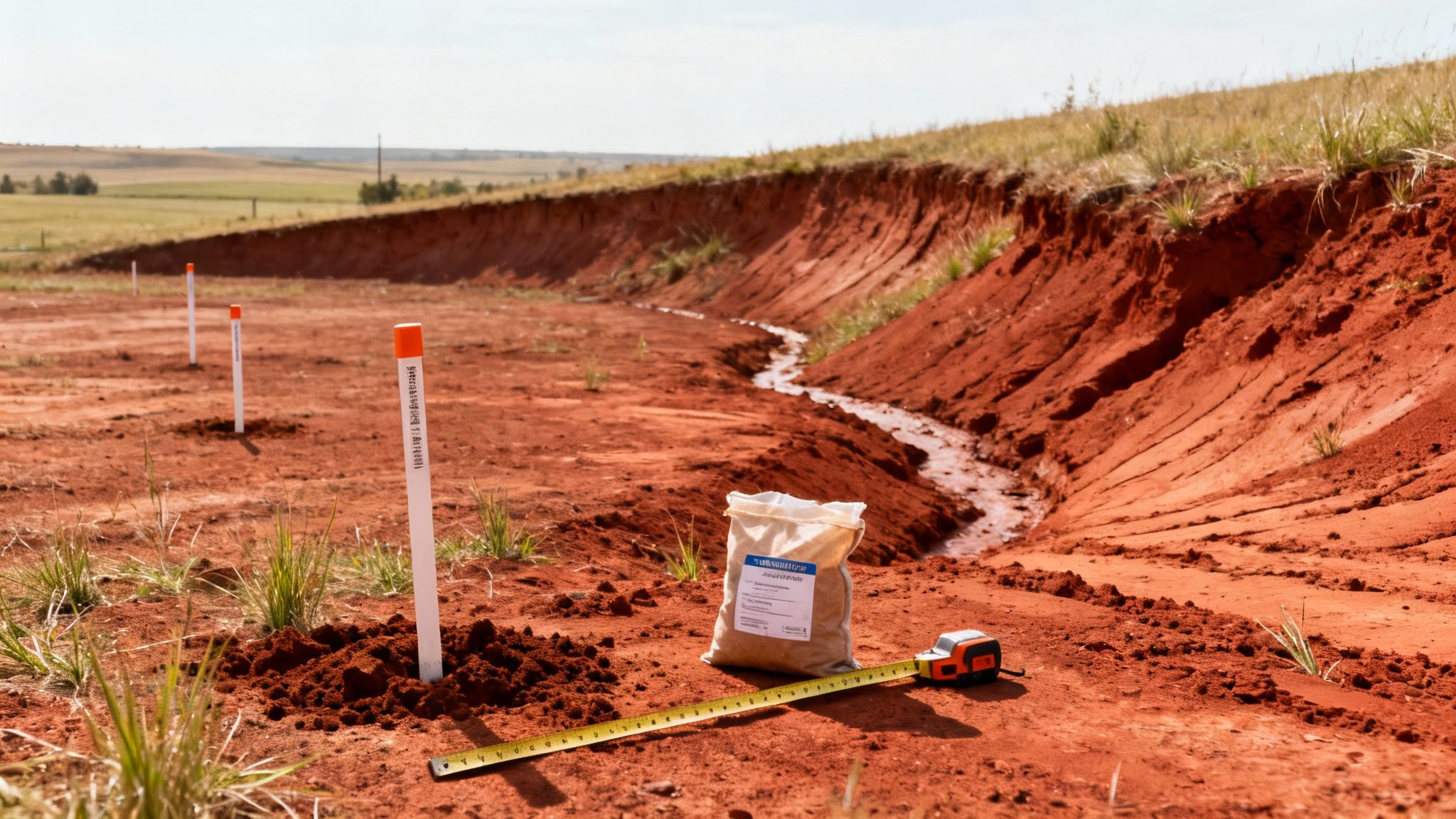 A new construction site with red soil, measuring tape, seed bag, and markers near an eroded bank.