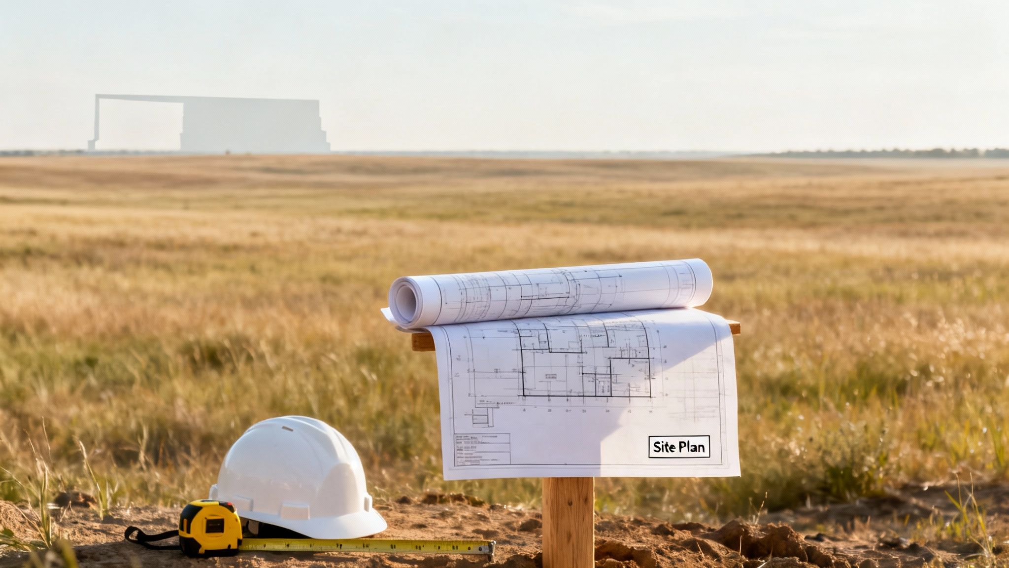 Construction site with blueprints, hard hat, and tape measure in a large open field.