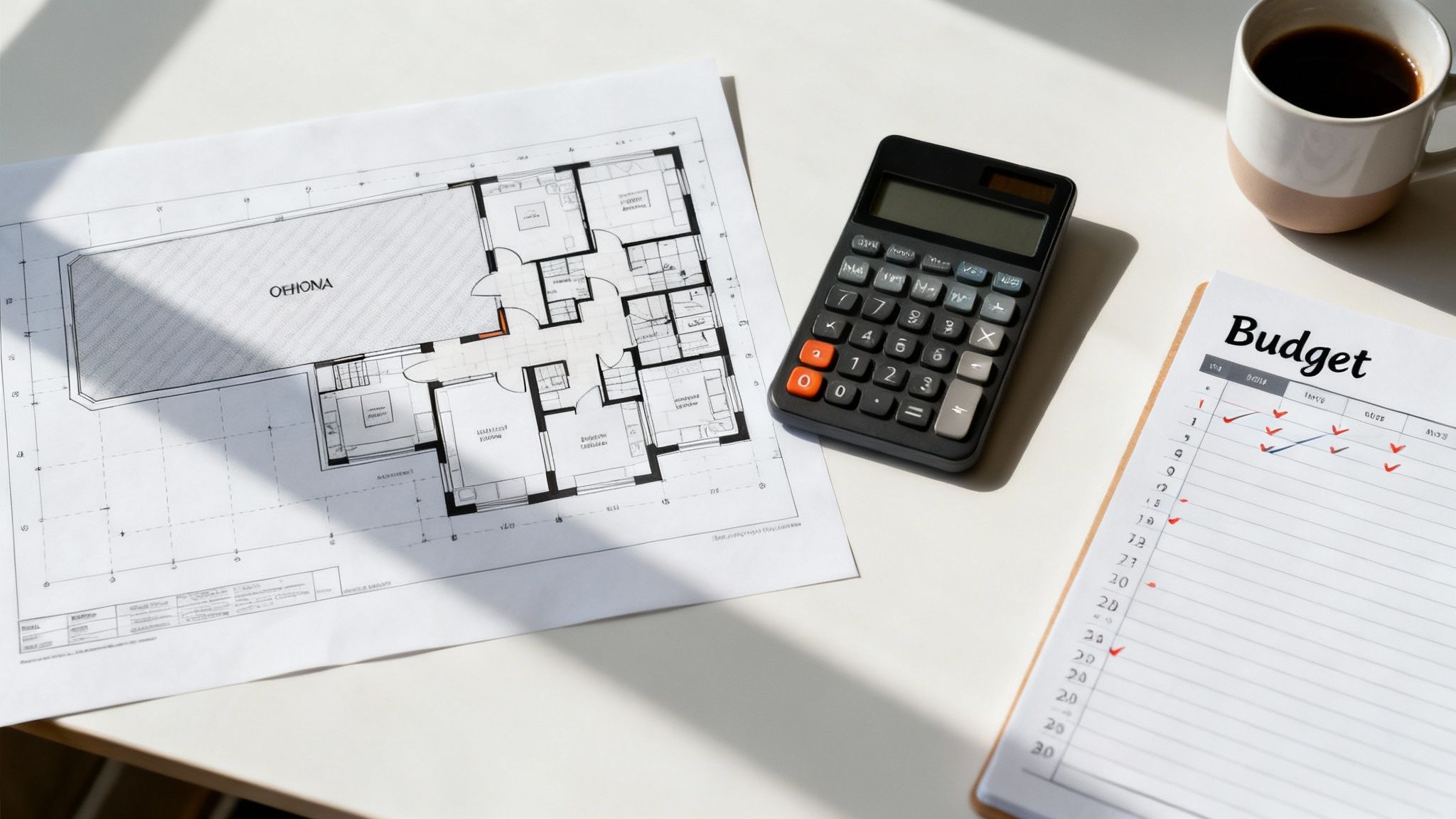 Overhead view of a desk with house blueprints, a calculator, and a budget sheet.