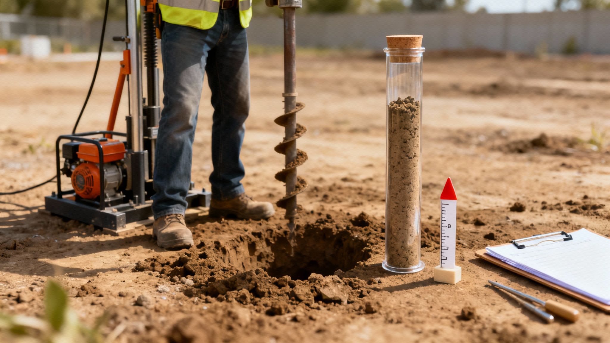 A worker operates a soil drill for geotechnical investigation, with samples in a tube and a clipboard.