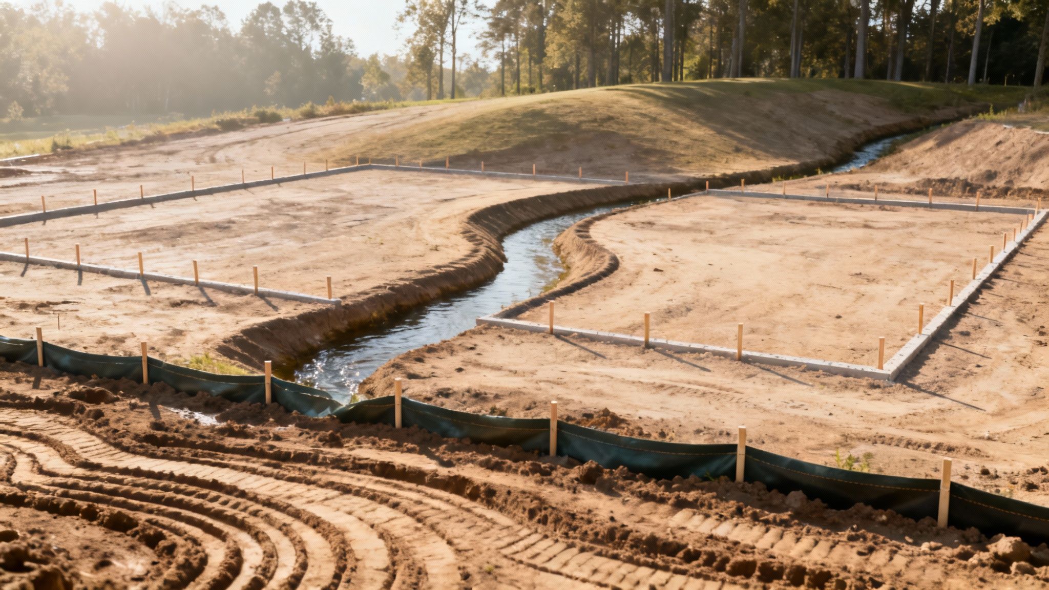 An aerial view of a construction site with concrete foundations, a winding water channel, and a silt fence, all under natural light.