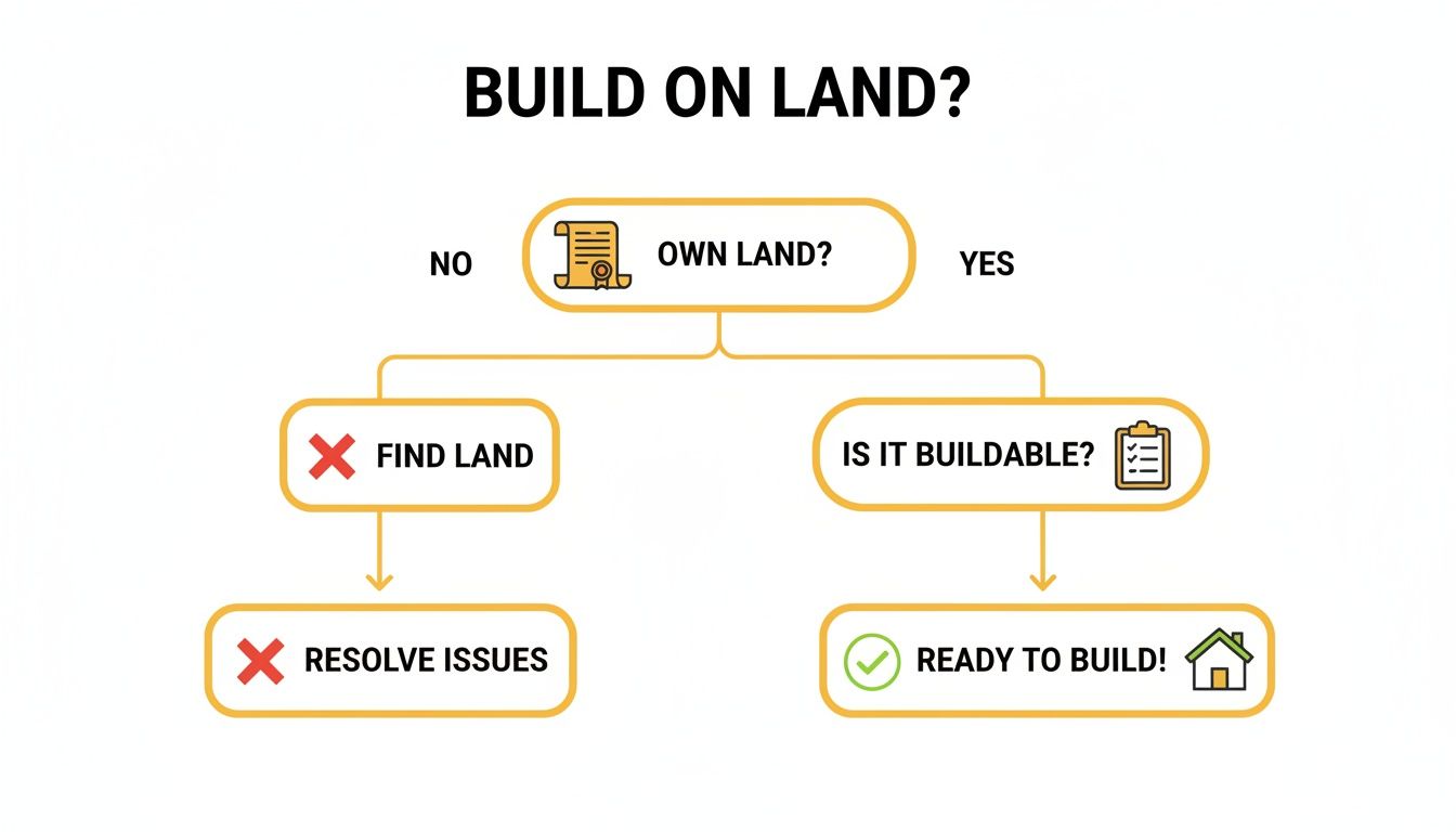 A flowchart guiding decisions for building on land, covering ownership, finding land, resolving issues, and checking buildability.