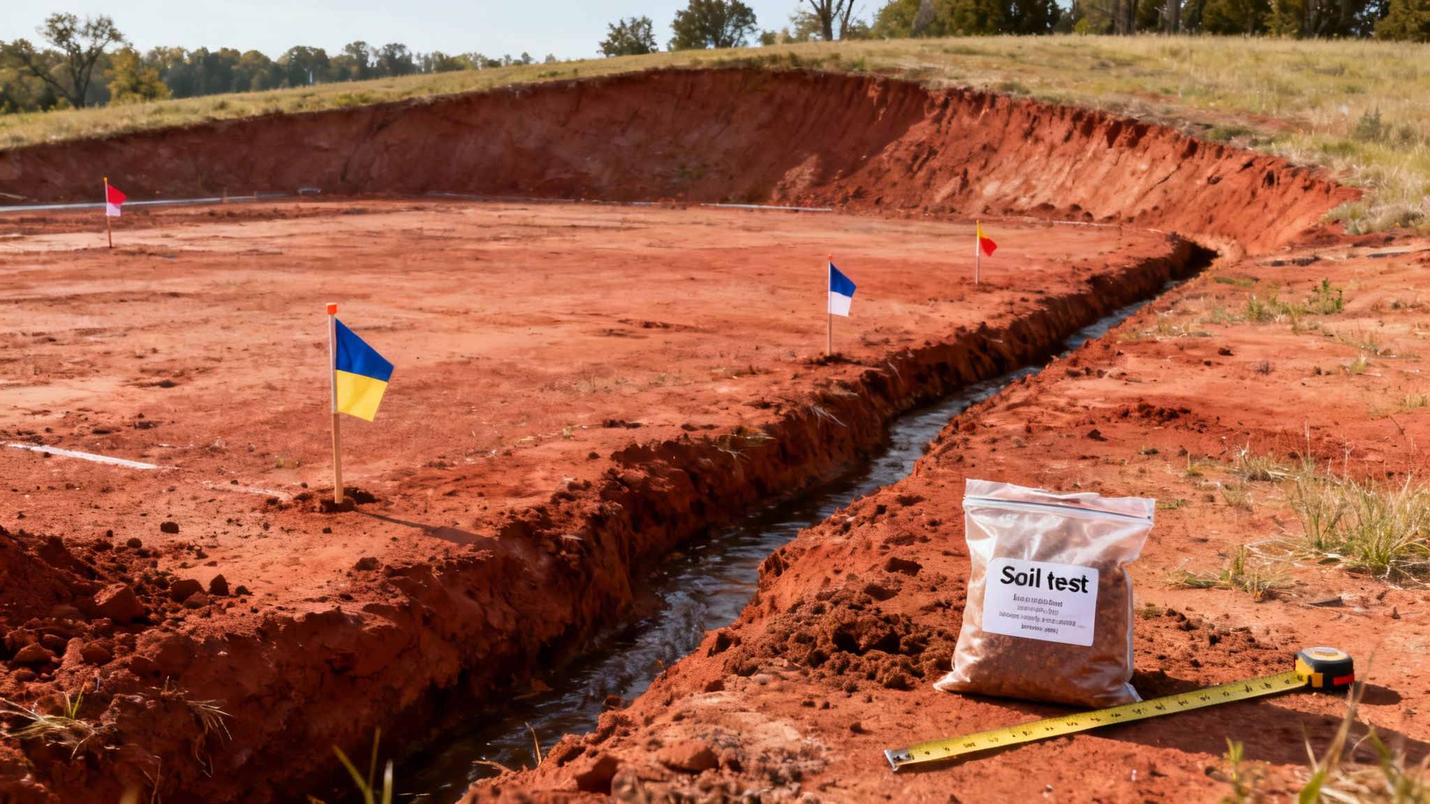 A soil test bag and measuring tape on red earth at a construction site with trenches and flags.