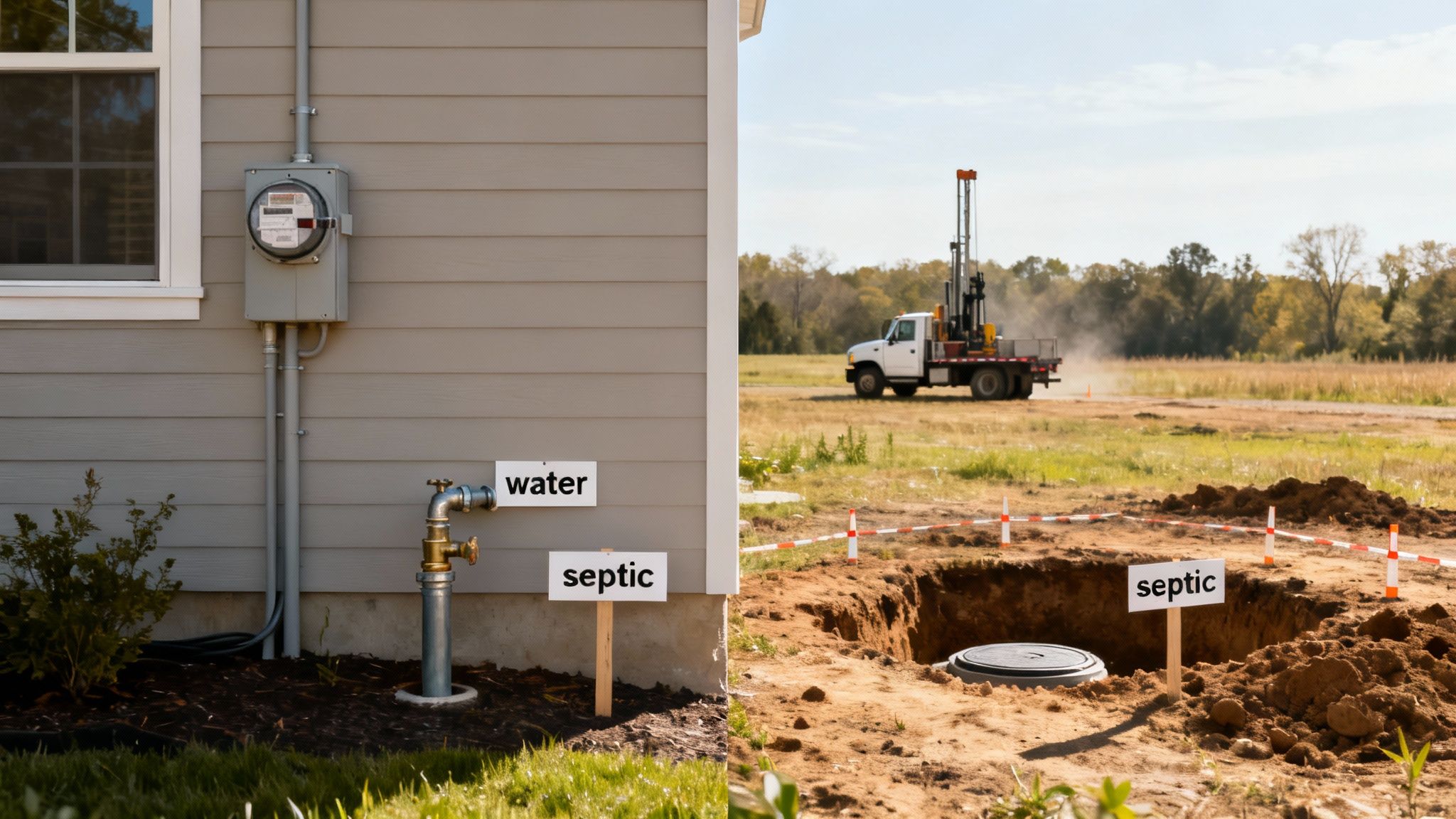 A house exterior with water and septic utility signs, next to an excavated septic tank with a drilling truck in a field.