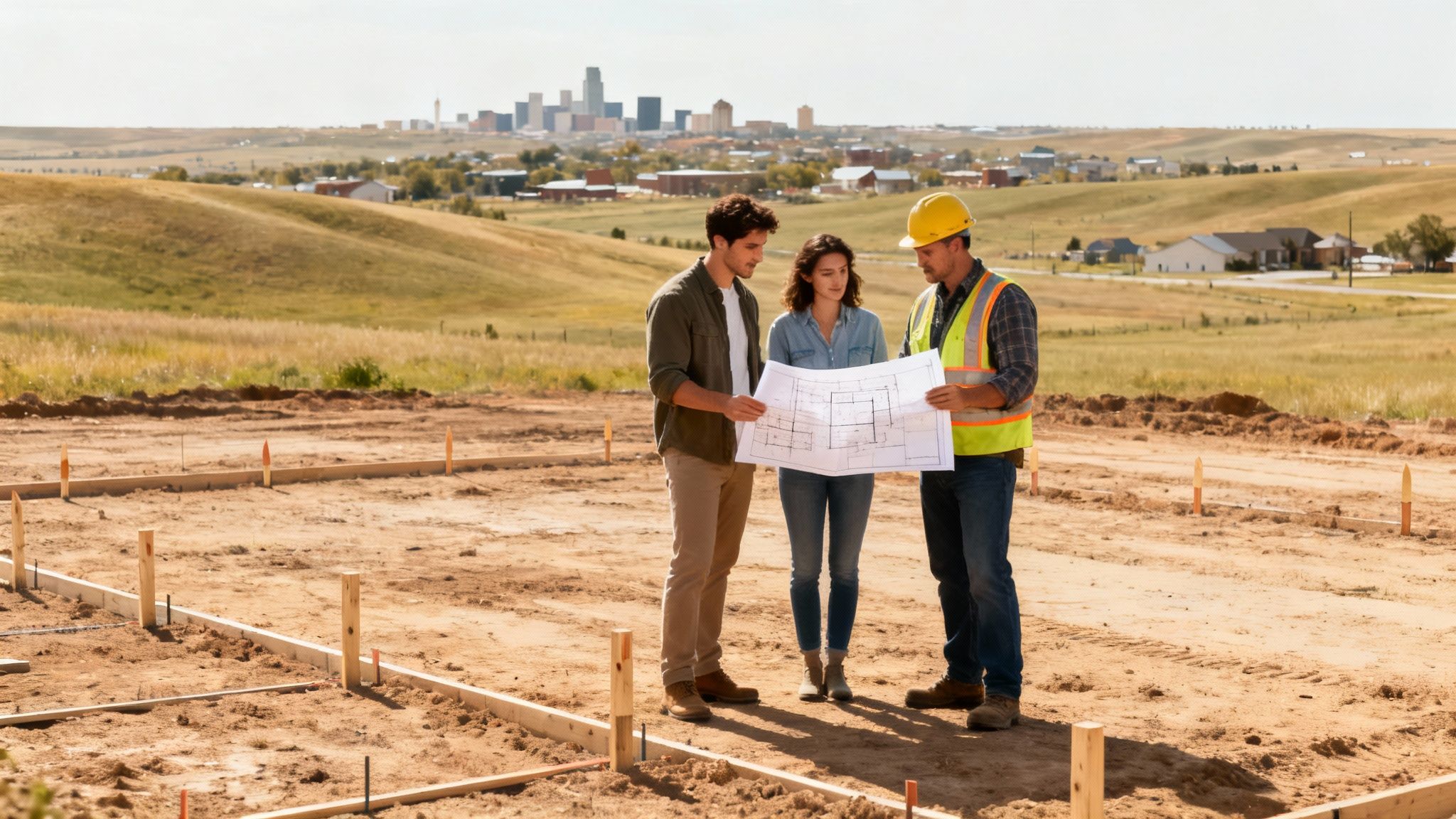 A couple and a construction worker review blueprints on a new home building site.
