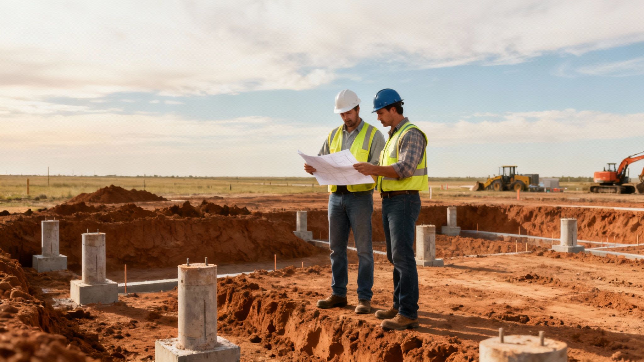 Two construction workers in hard hats and vests review blueprints at a building site.