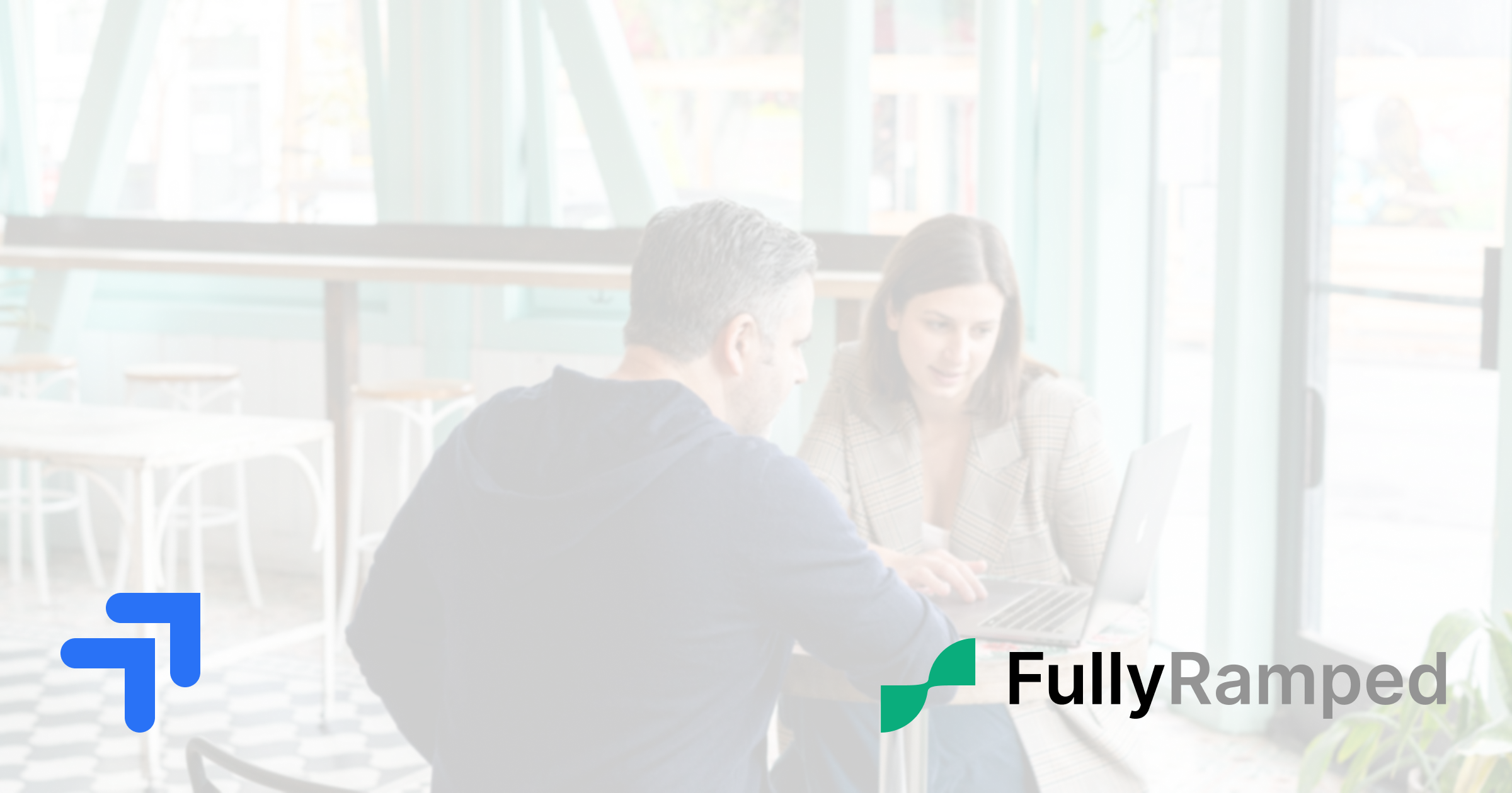 Two professionals discussing sales strategy in a bright modern cafe, representing an exclusive interview with FullyRamped founder Aaron Marks.