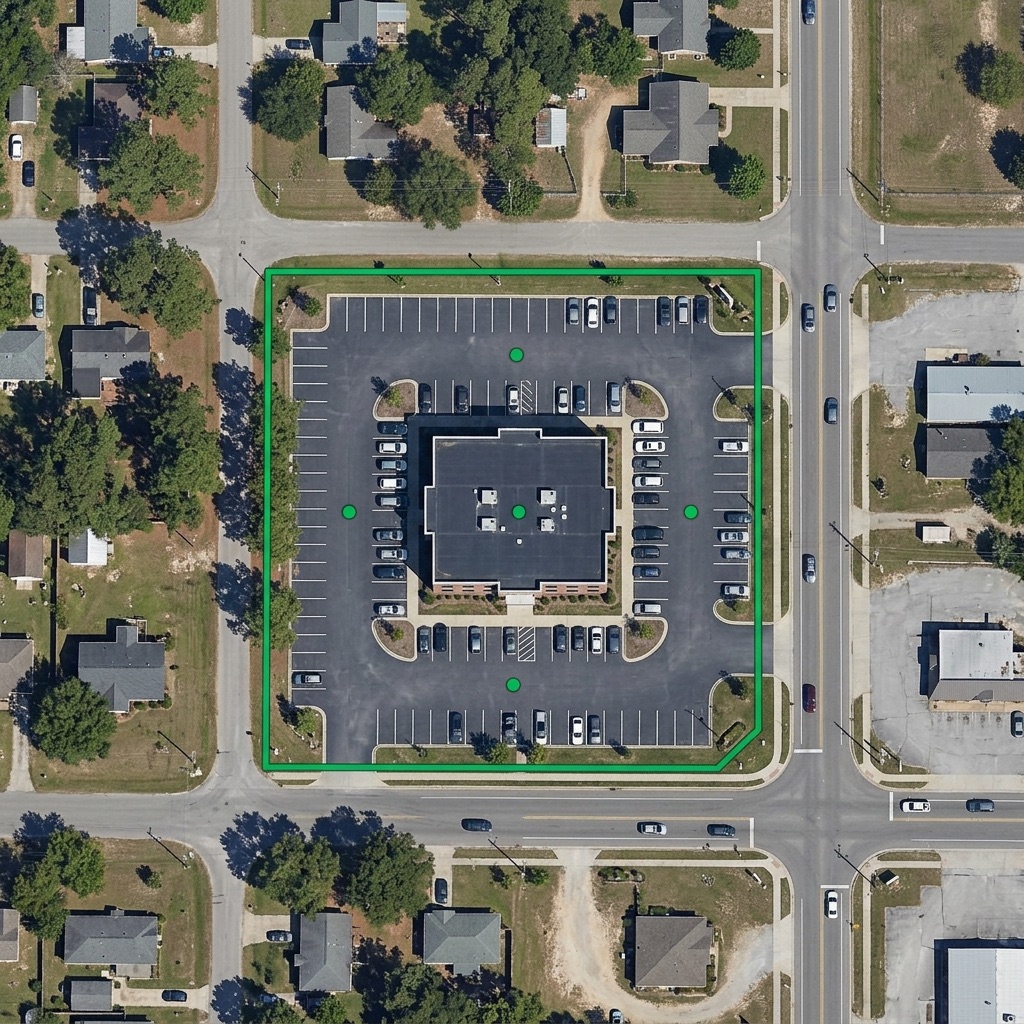 Satellite map view with a green geofence boundary traced around a building