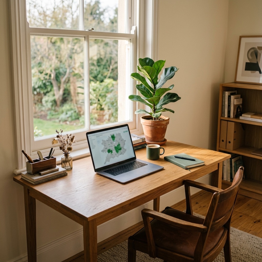 Lean one-person office with a laptop showing a map with green highlighted zones