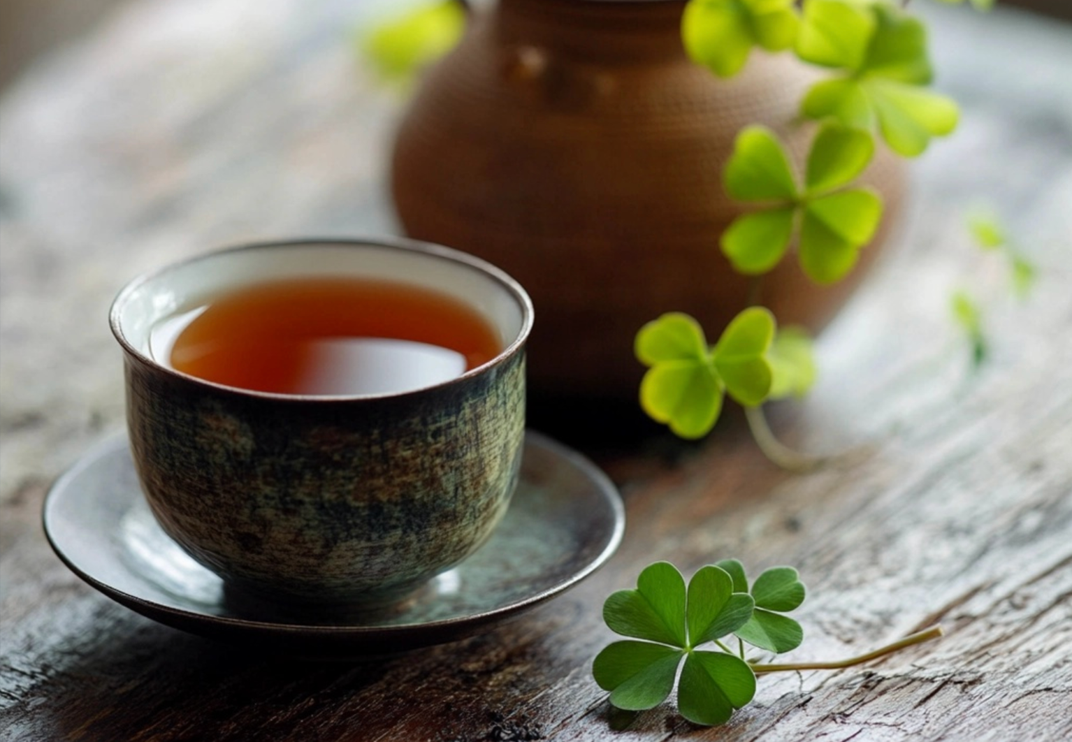 A cup of tea and a pot of clover next to it
