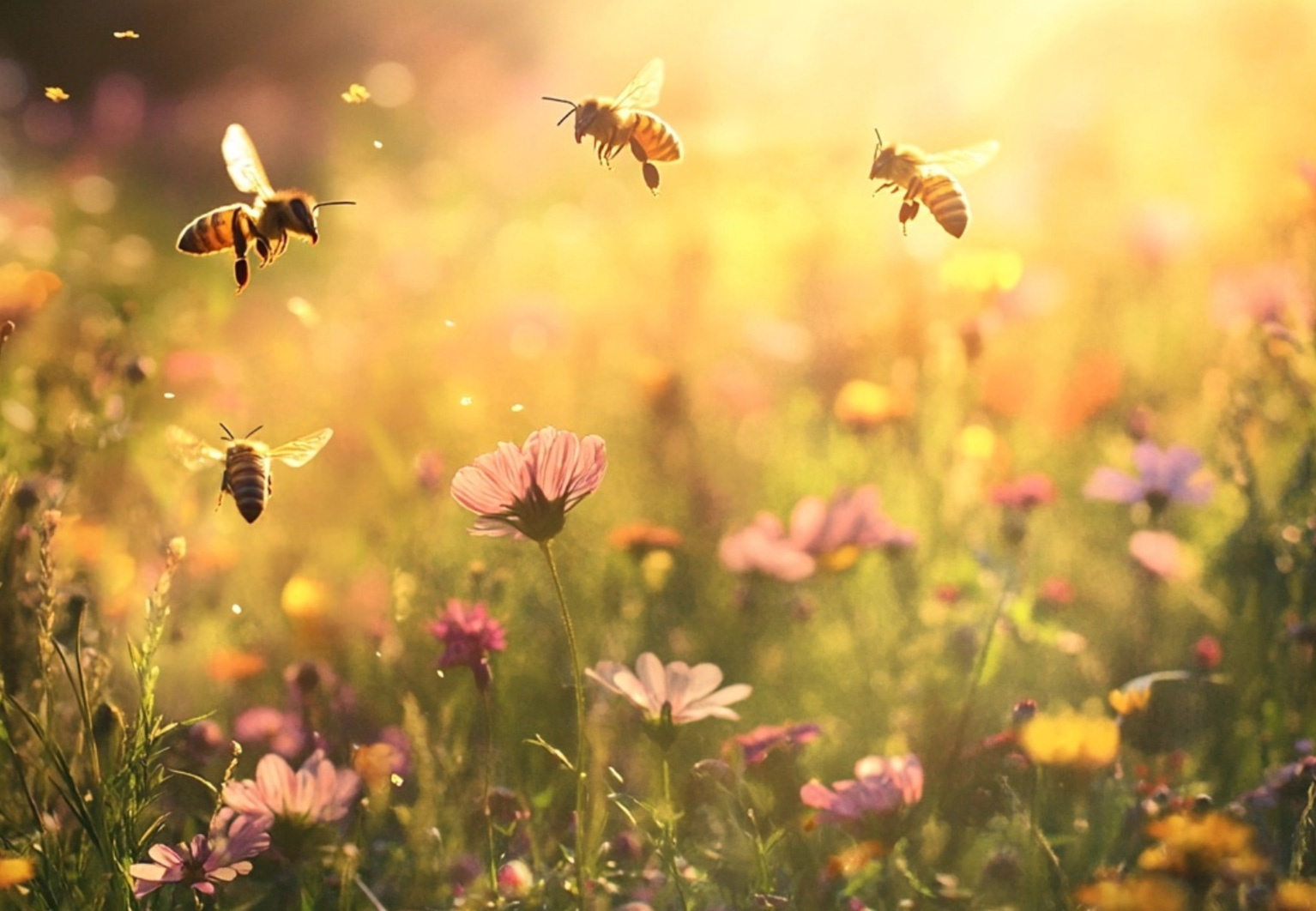 Bees flying around over a flower meadow