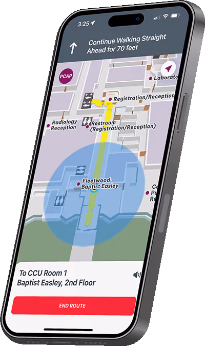 Mobile phone displaying indoor navigation map directing to CCU Room 1 at Baptist Easley, showing route with yellow line and a blue location circle.