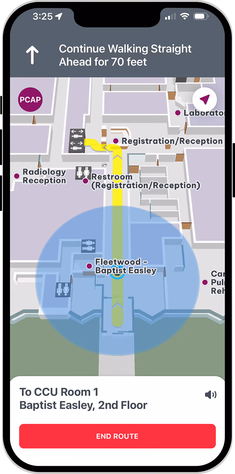 Indoor navigation map on smartphone showing route to CCU Room 1 at Baptist Easley, 2nd Floor, with directions to walk straight ahead for 70 feet.