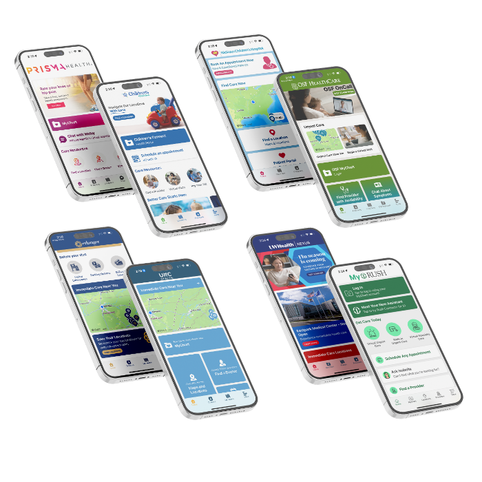 Collage of mobile app home screens from multiple Gozio health system clients