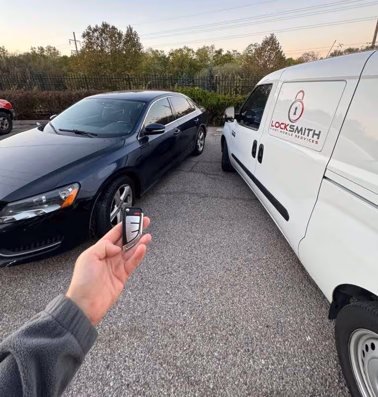 Locksmith holding programmed car key near service van and black sedan