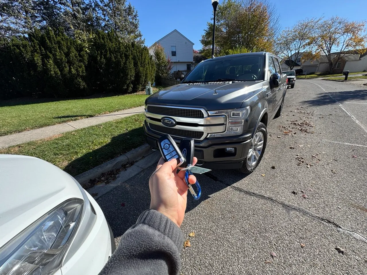 Hand holding a car key fob while standing in front of a parked vehicle.