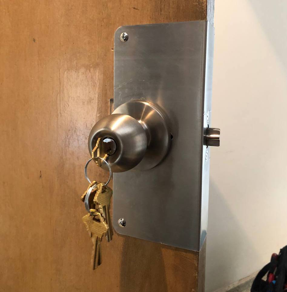 Deadbolt installed on interior wooden door for added security