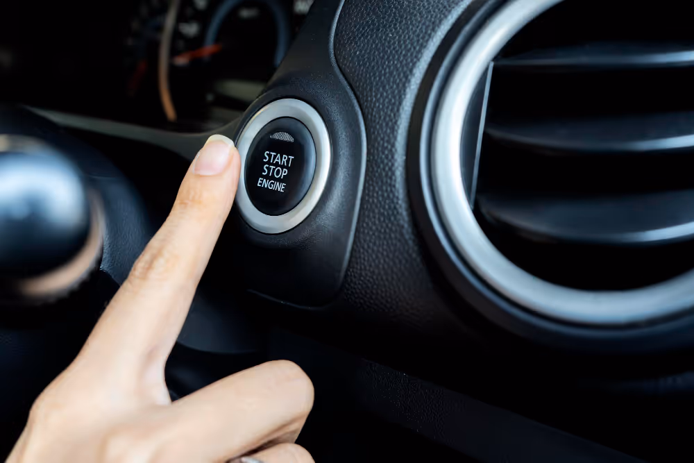 Close-up of push-to-start ignition button in modern vehicle – Push-to-start system support and key fob troubleshooting in Columbus, OH