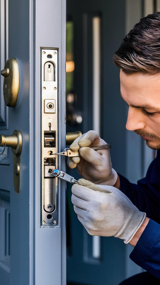 Locksmith repairing door lock mechanism with tools