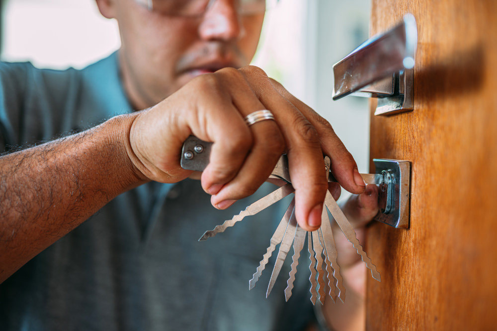 Locksmith using lock picks to unlock a residential door lock during an emergency home lockout.